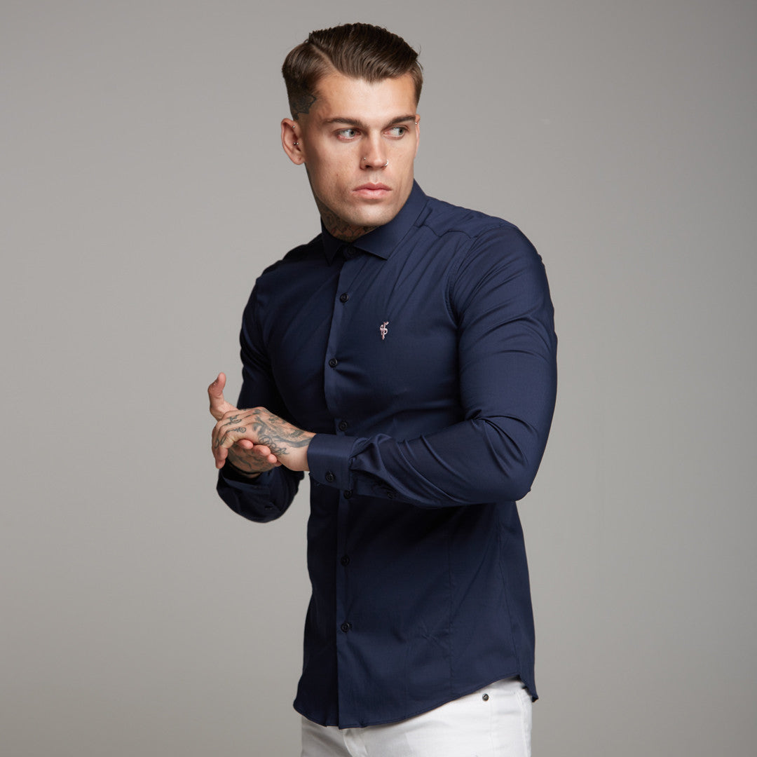 Super Slim Stretch Classic Navy Panel Shirt (Pink embroidery) - FS321