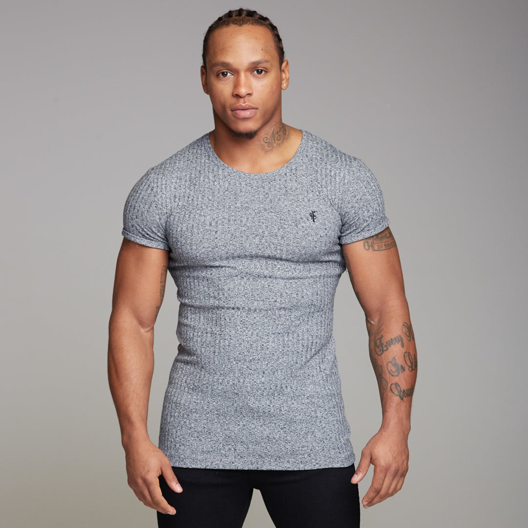 Classic Grey Ribbed Knit Super Slim Long Line Crew- FSH173