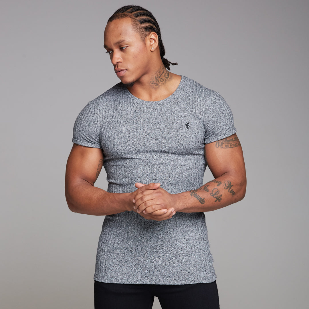 Classic Grey Ribbed Knit Super Slim Long Line Crew- FSH173