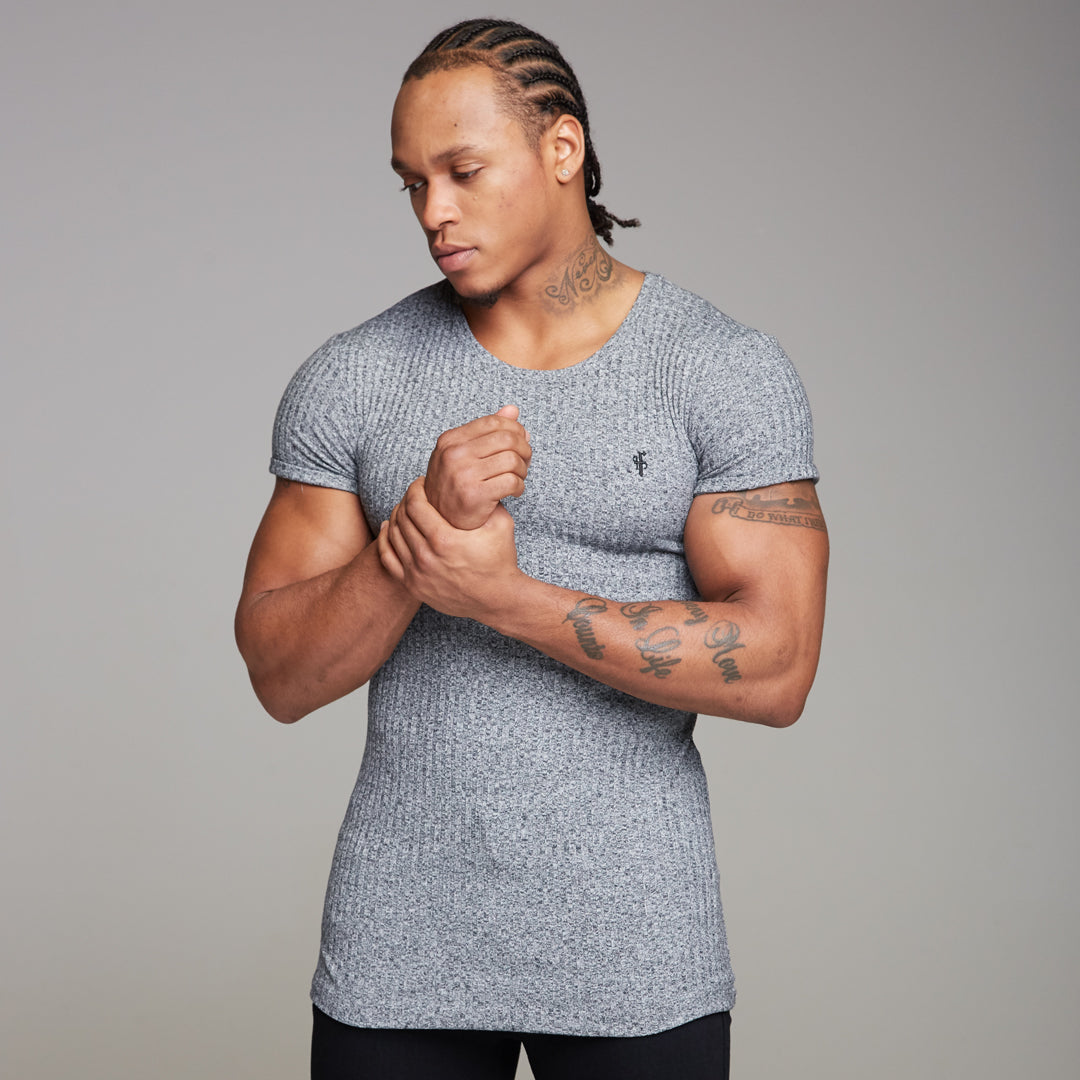 Classic Grey Ribbed Knit Super Slim Long Line Crew- FSH173