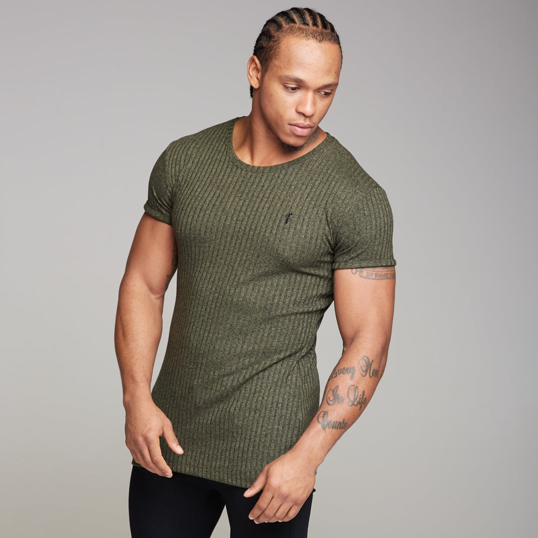 Classic Khaki Ribbed Knit Super Slim Long Line Crew - FSH172