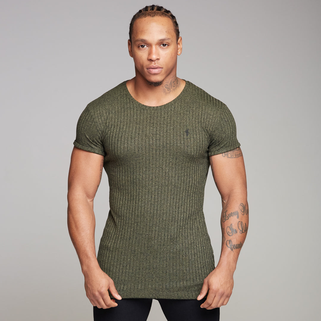 Classic Khaki Ribbed Knit Super Slim Long Line Crew - FSH172