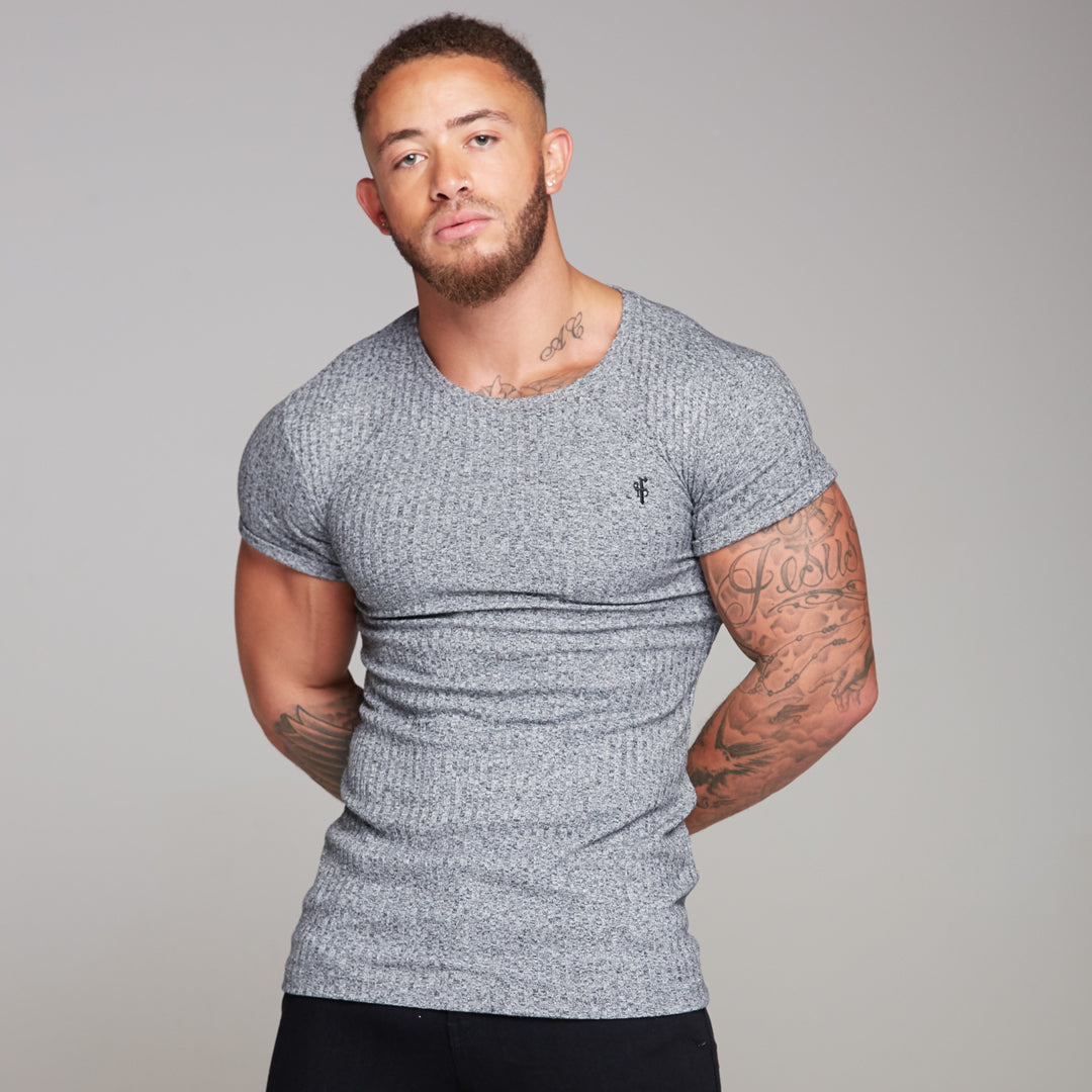 Classic Grey Ribbed Knit Super Slim Long Line Crew- FSH173