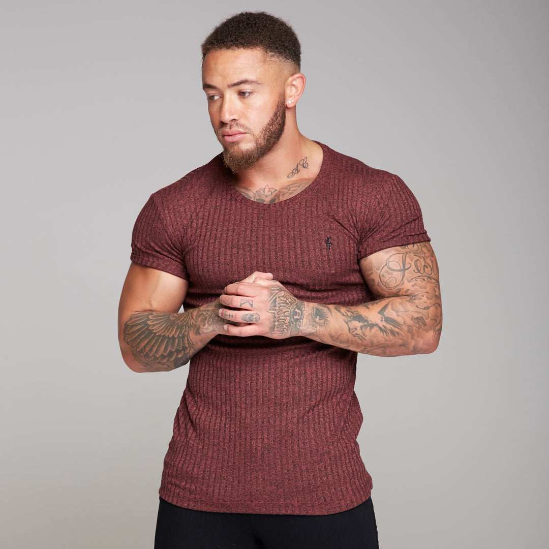 Classic Burgundy Ribbed Knit Super Slim Long Line Crew - FSH170