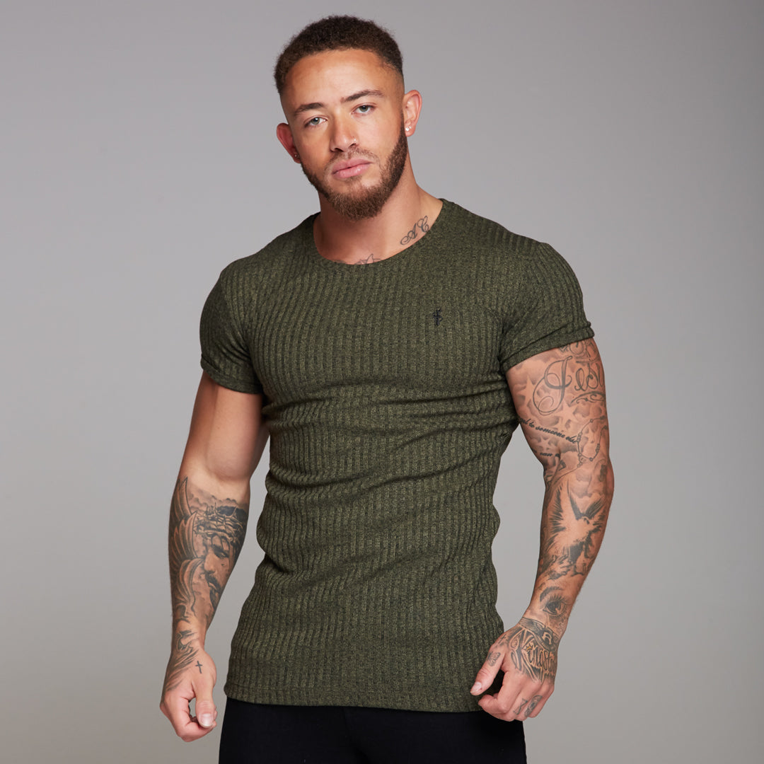 Classic Khaki Ribbed Knit Super Slim Long Line Crew - FSH172