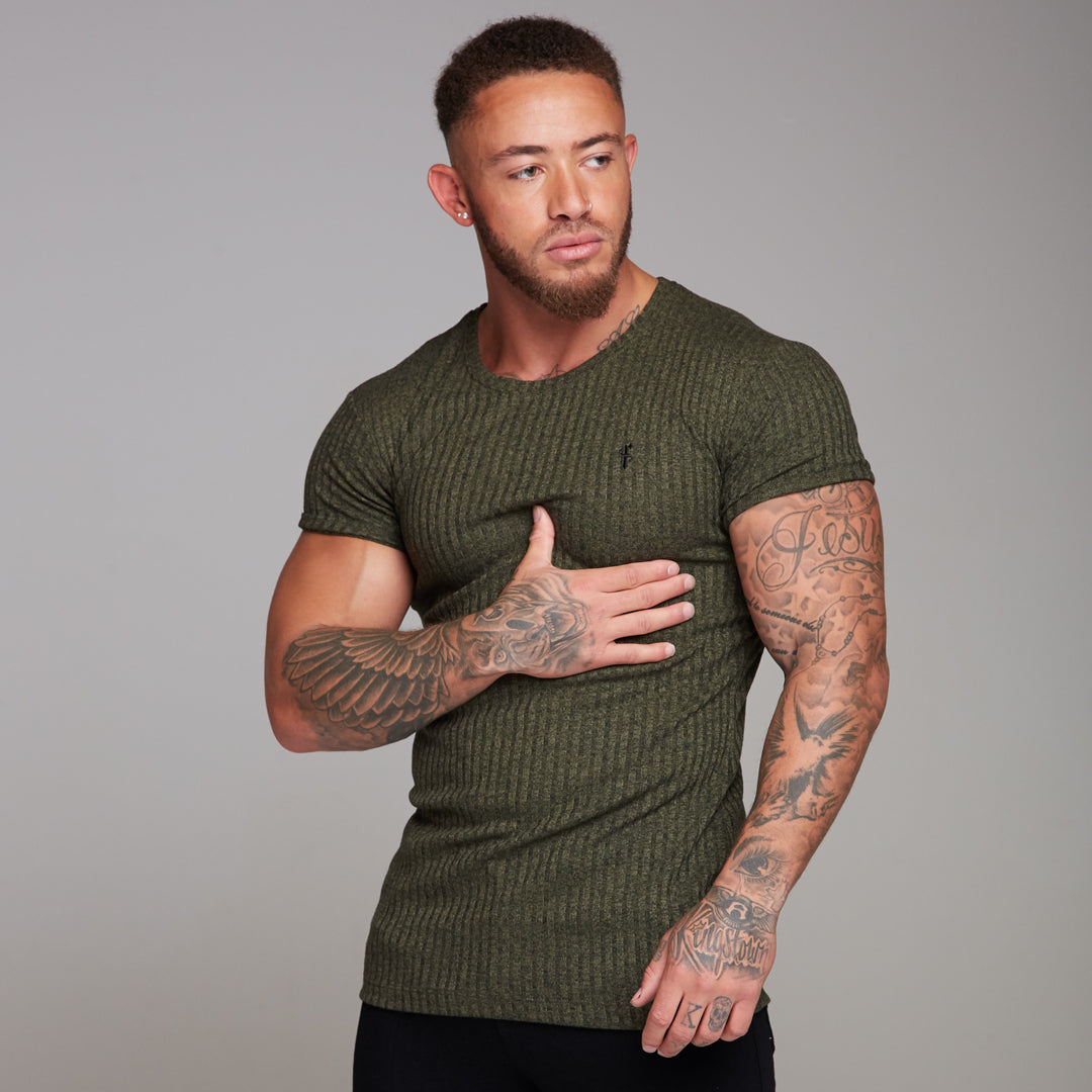 Classic Khaki Ribbed Knit Super Slim Long Line Crew - FSH172