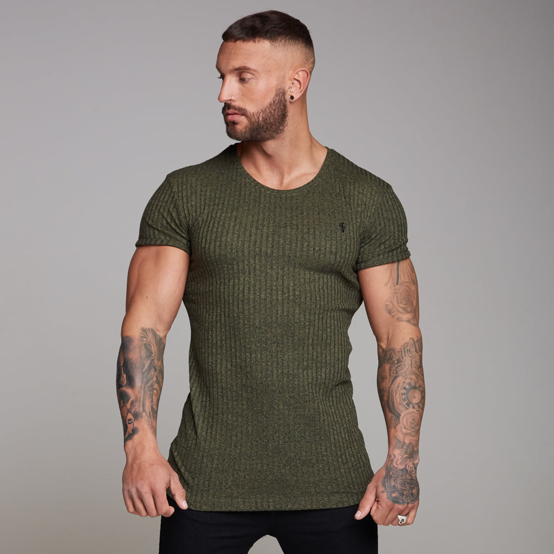 Classic Khaki Ribbed Knit Super Slim Long Line Crew - FSH172
