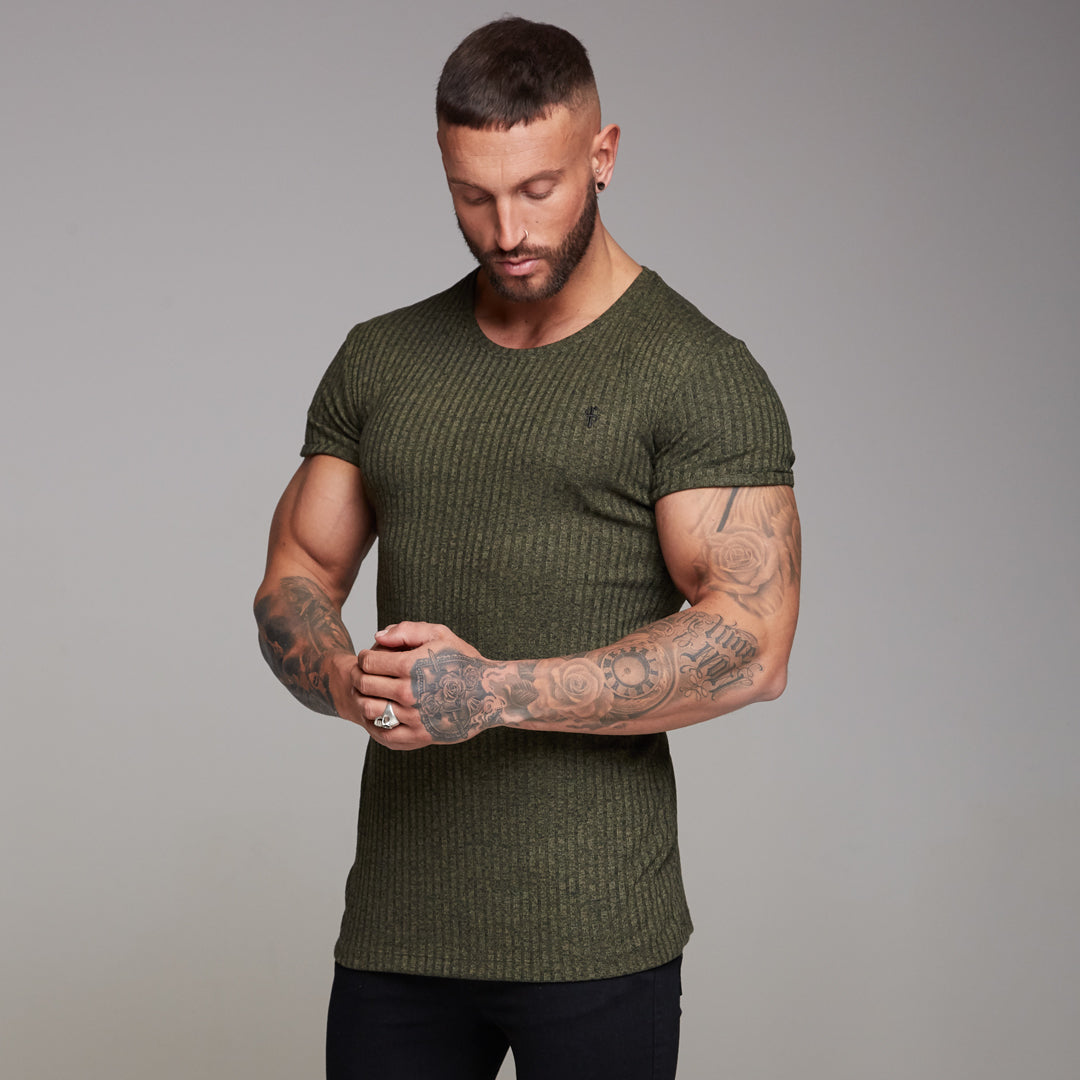 Classic Khaki Ribbed Knit Super Slim Long Line Crew - FSH172