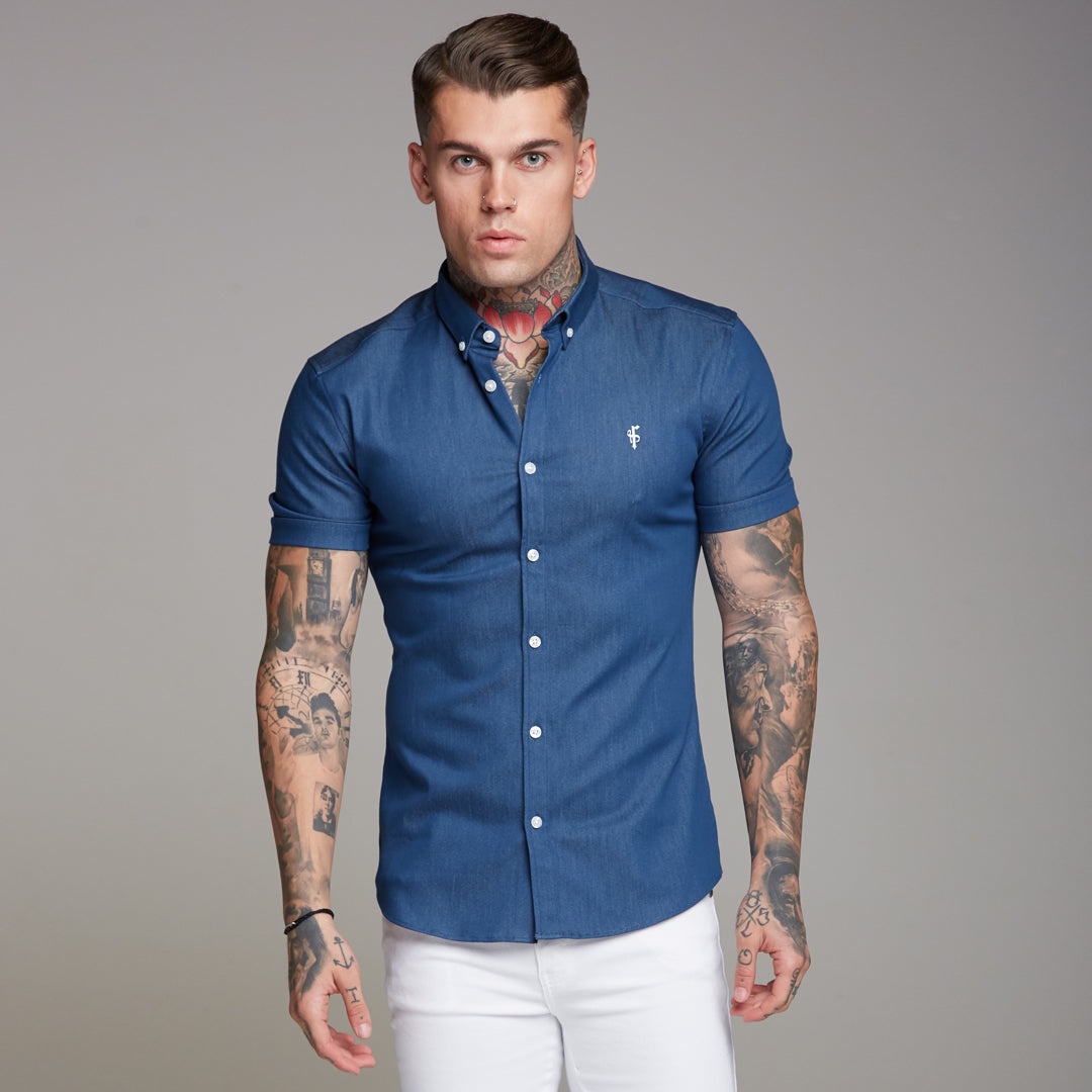 Super Slim Stretch Aegean Blue Denim Short Sleeve - FS346