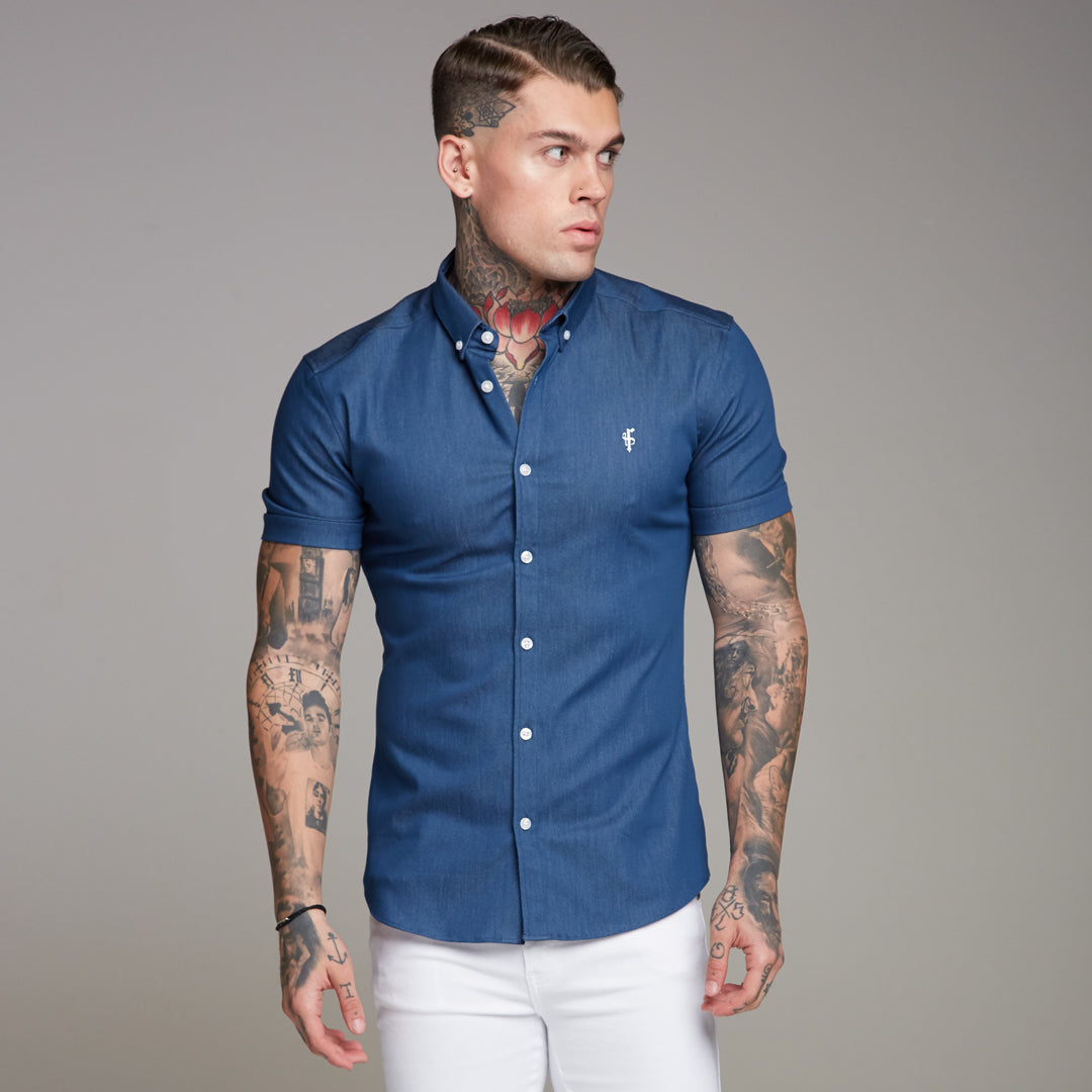 Super Slim Stretch Aegean Blue Denim Short Sleeve - FS346