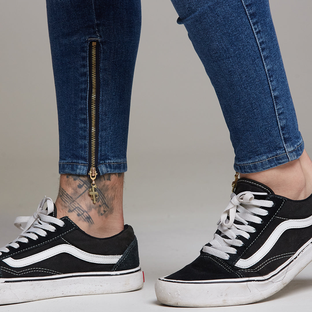 Zipped Ankle Plain Slim Stretch Blue Jeans - FSH181