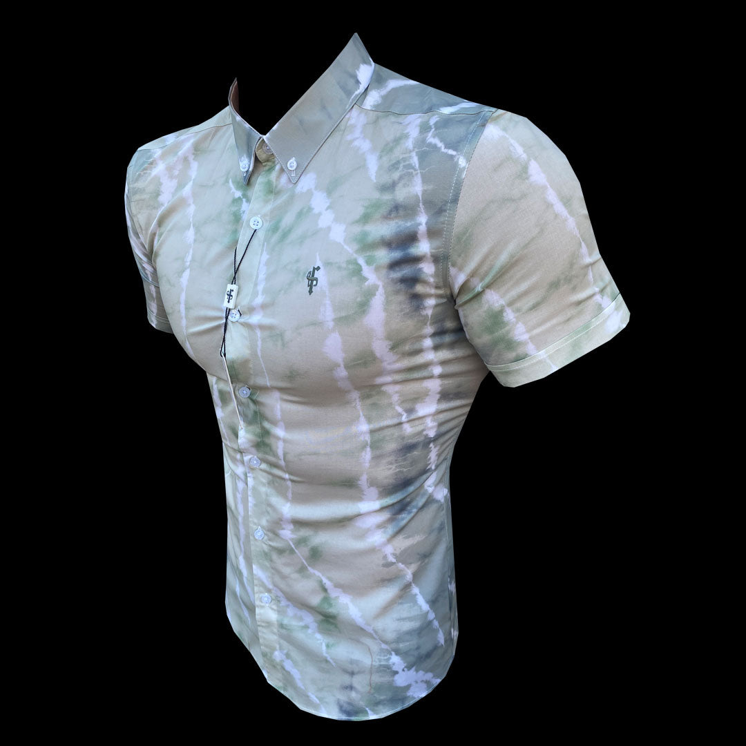 Super Slim Stretch Green Tie Dye Colour Print Short Sleeve with Button Down Collar - FS841 / FS949