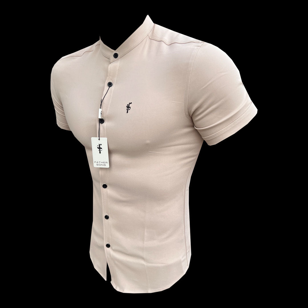 Super Slim Scuba Beige Short Sleeve Stretch with Grandad Collar - FS940