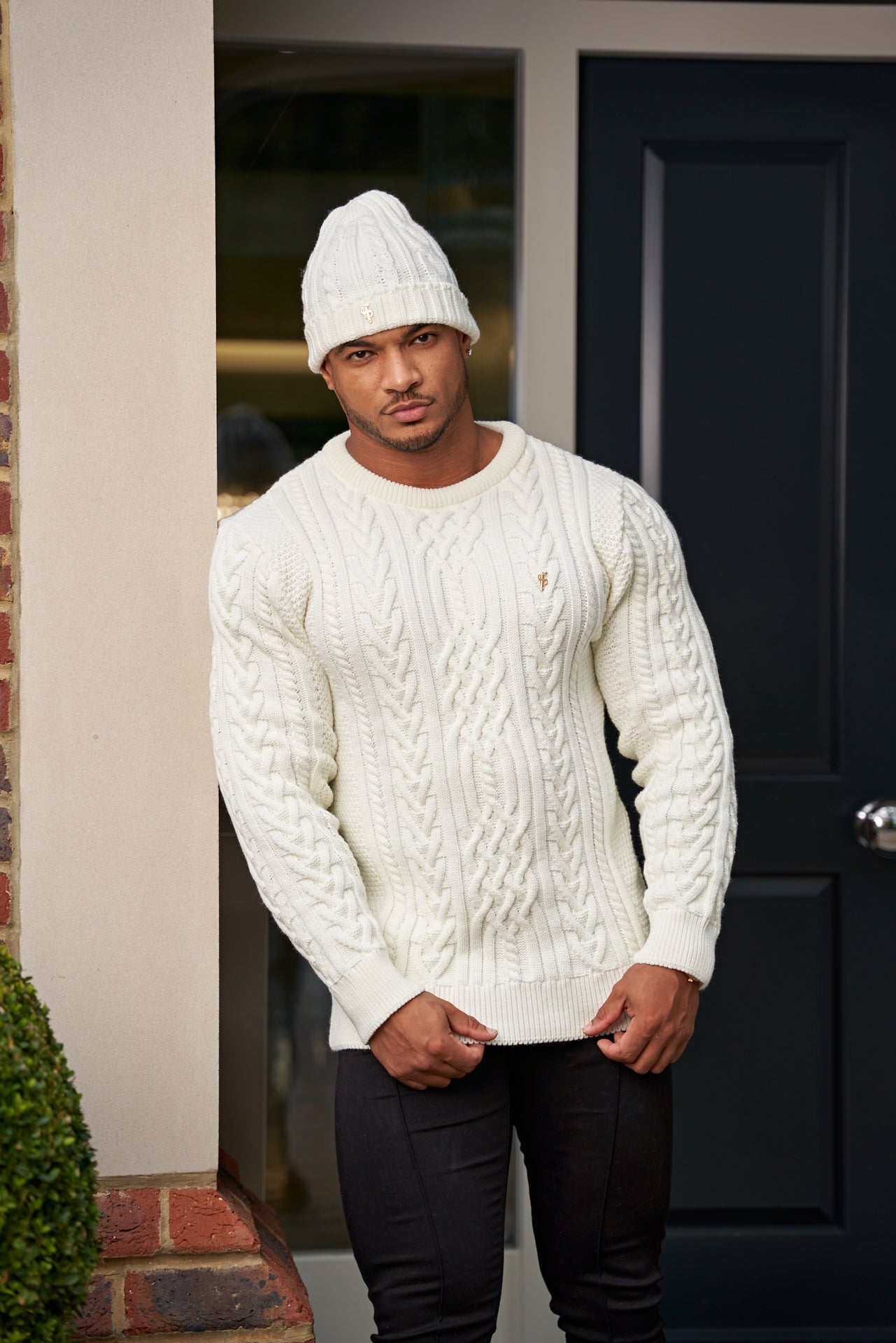 Cream Twisted Braid Weave Super Slim Jumper With Gold Decal - FSJ034