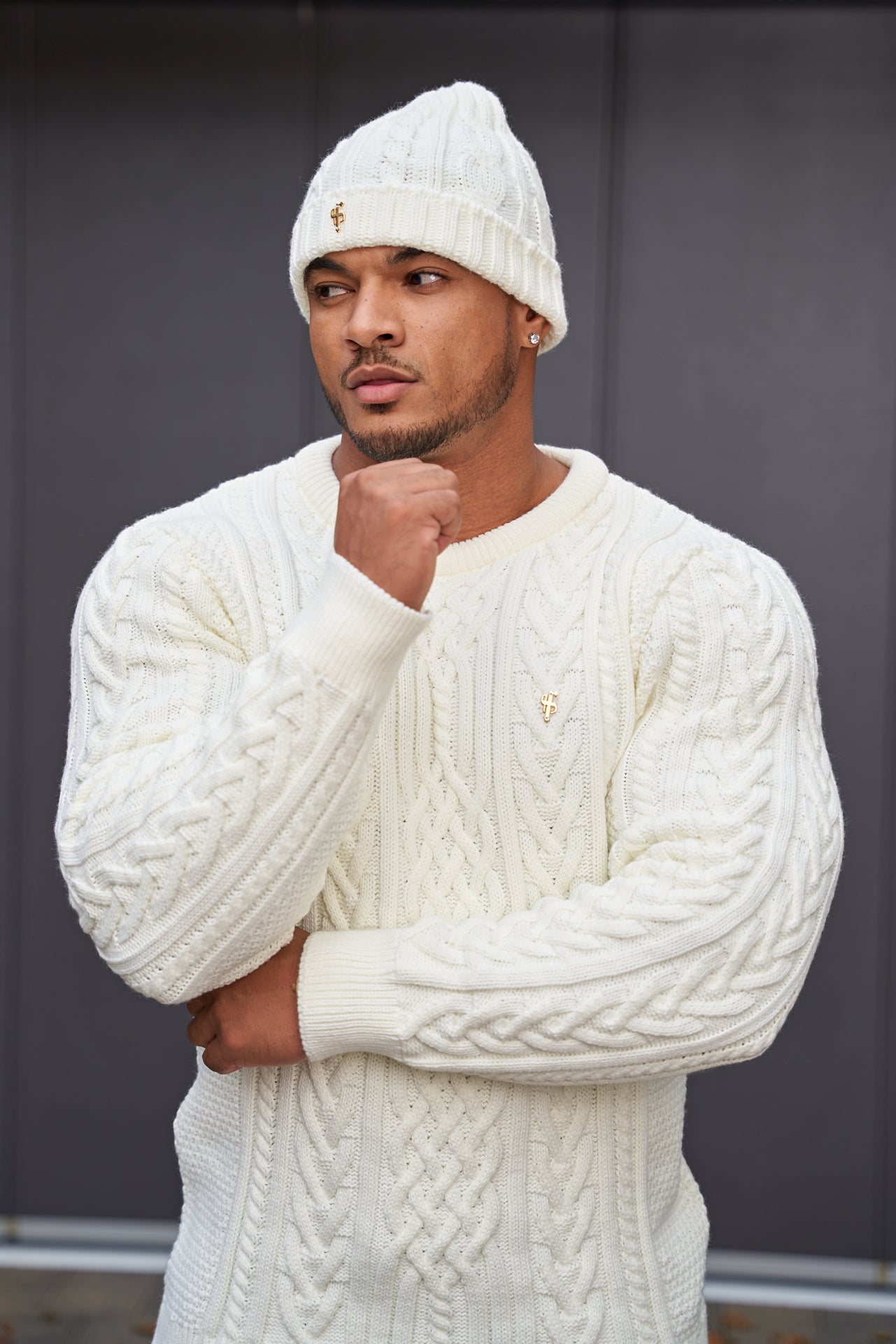 Cream Twisted Braid Weave Super Slim Jumper With Gold Decal - FSJ034