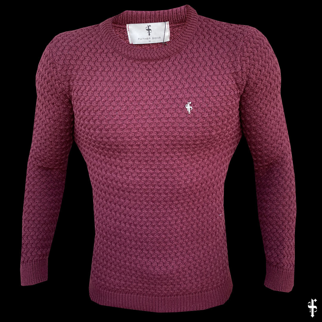 Burgundy Knitted Weave Super Slim Jumper With Metal Decal - FSJ017