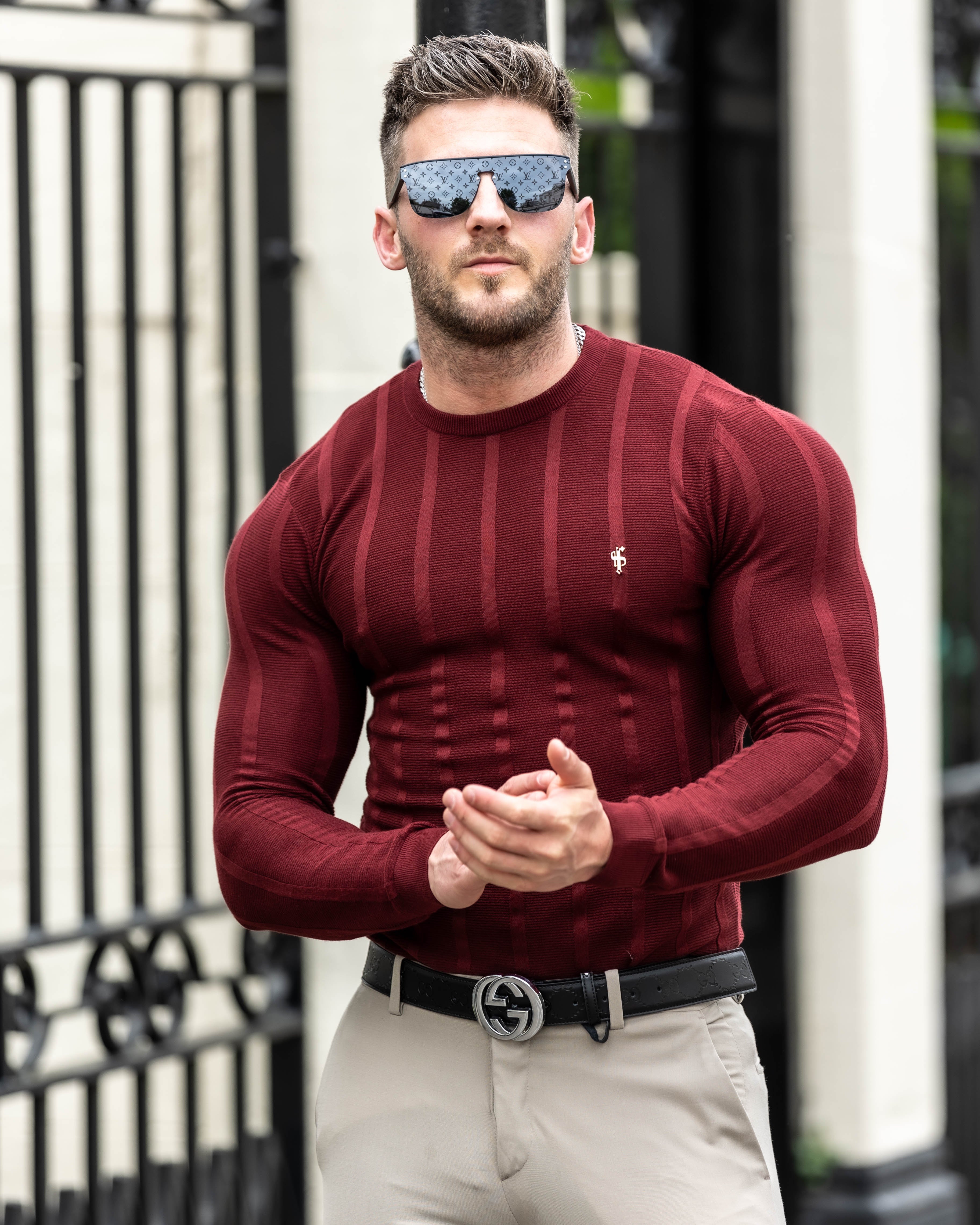 Classic Long Sleeve Burgundy Knitted Wide Rib Crew with Gold Emblem - FSH602