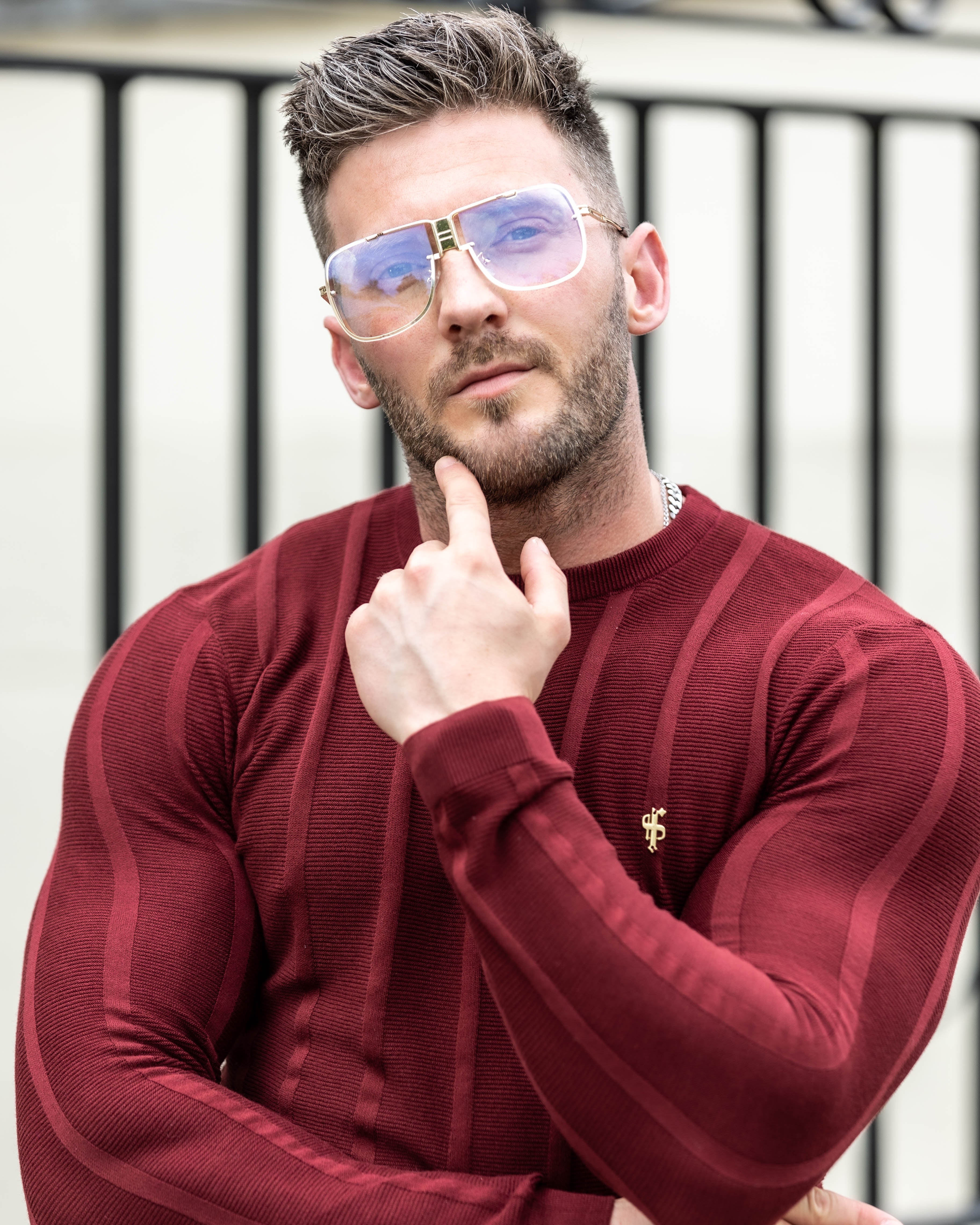 Classic Long Sleeve Burgundy Knitted Wide Rib Crew with Gold Emblem - FSH602