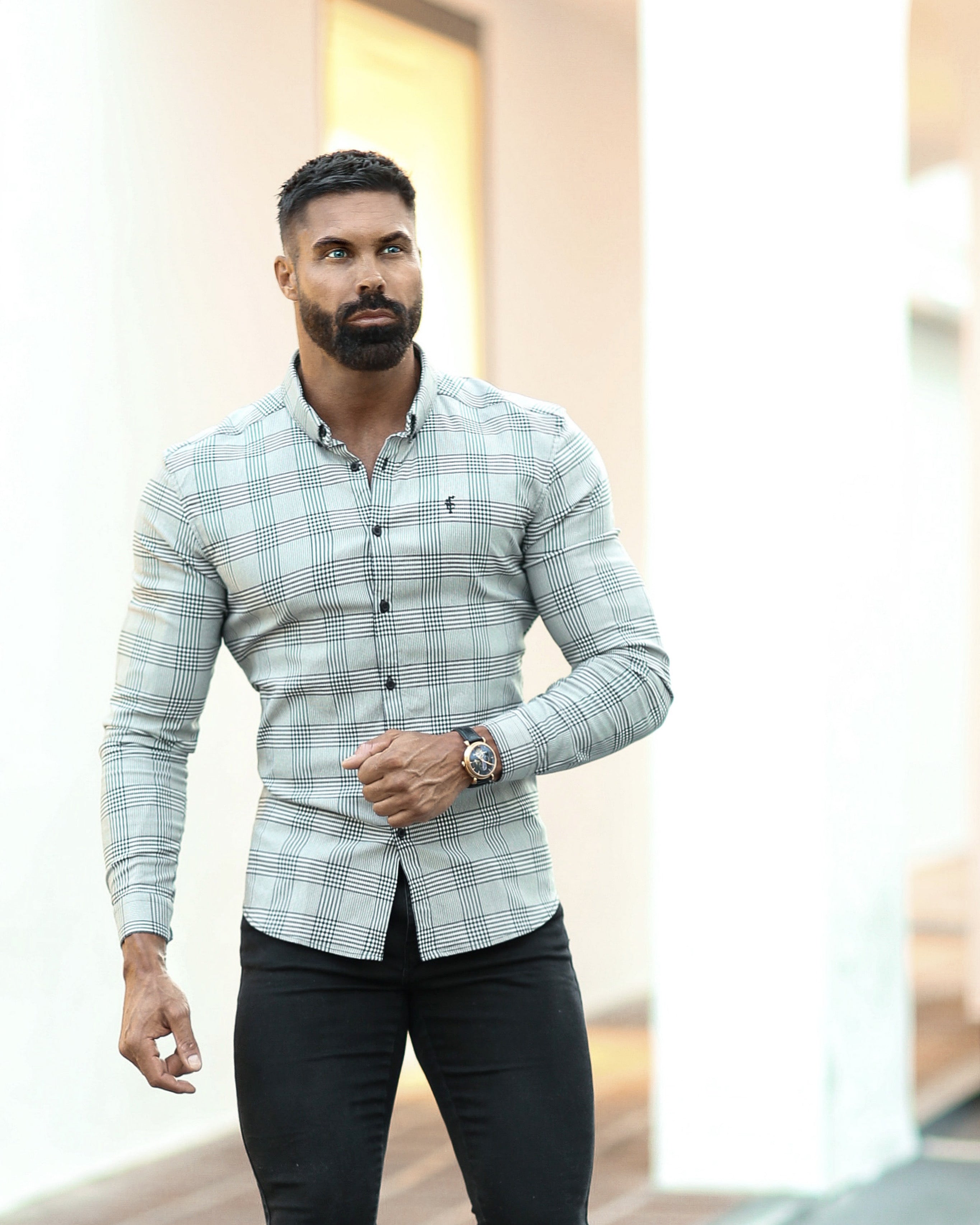 Super Slim Stretch Prince Of Wales White and Black Check Long Sleeve - FS517