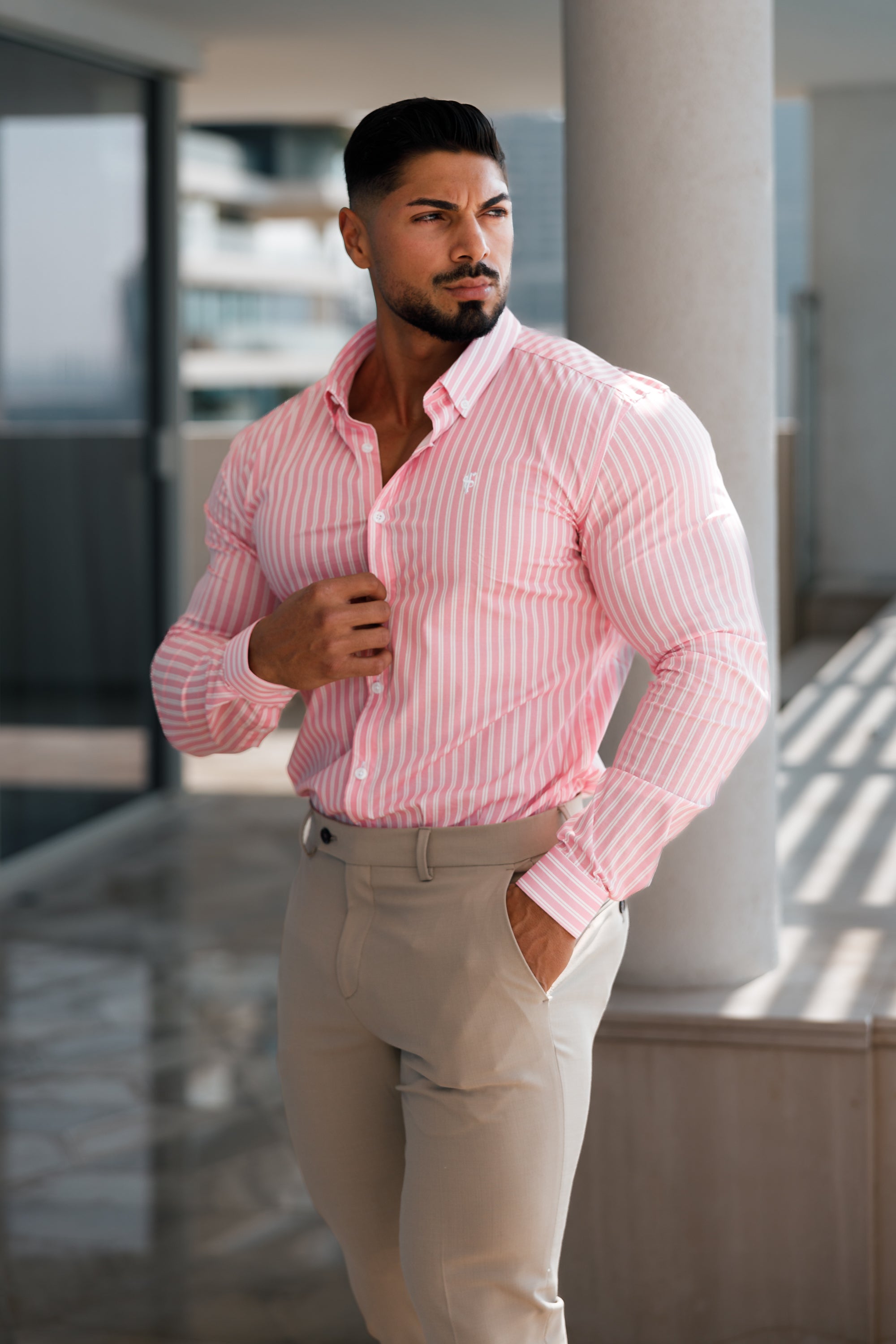 Super Slim Stretch White / Pink Stripe Print Long Sleeve with Button Down Collar - FS888