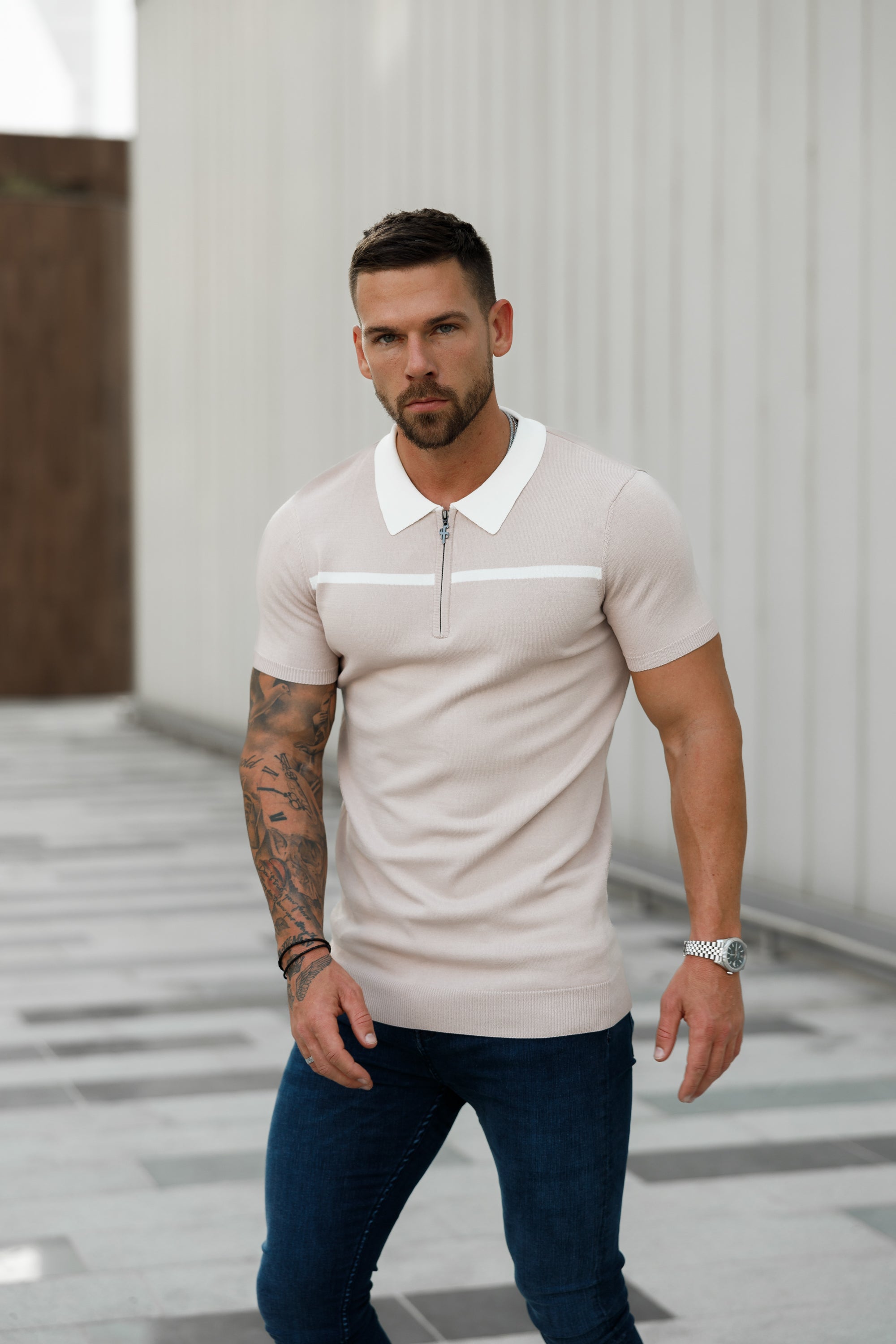 Classic Beige / White Horizontal Stripe Zipped Polo Short Sleeve - FSN041
