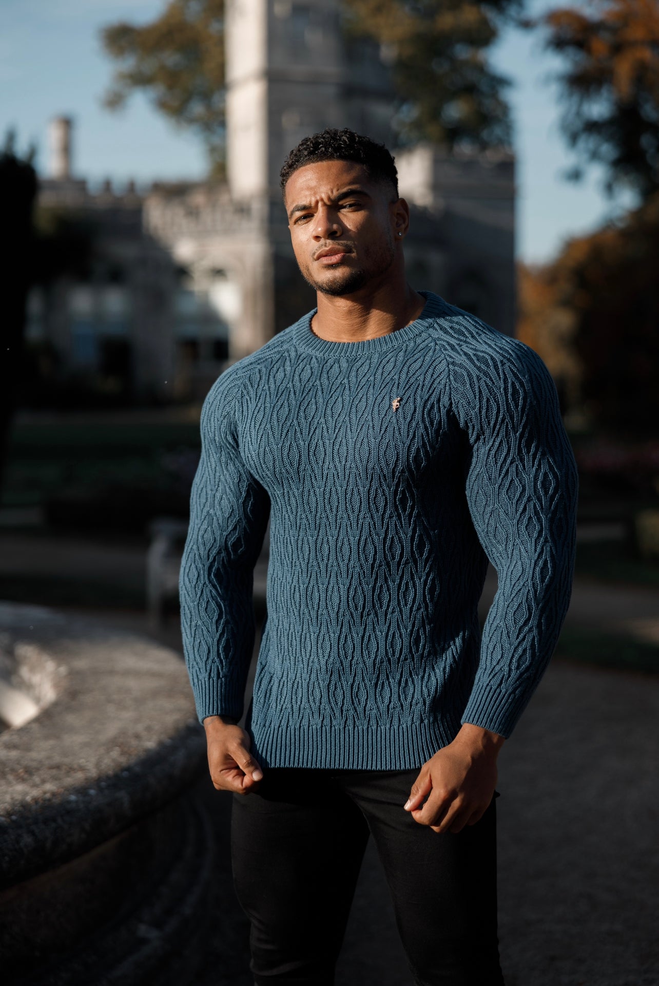 Air Force Blue Knitted Elongated Diamond Crew Super Slim Raglan Jumper With Metal Decal - FSN046