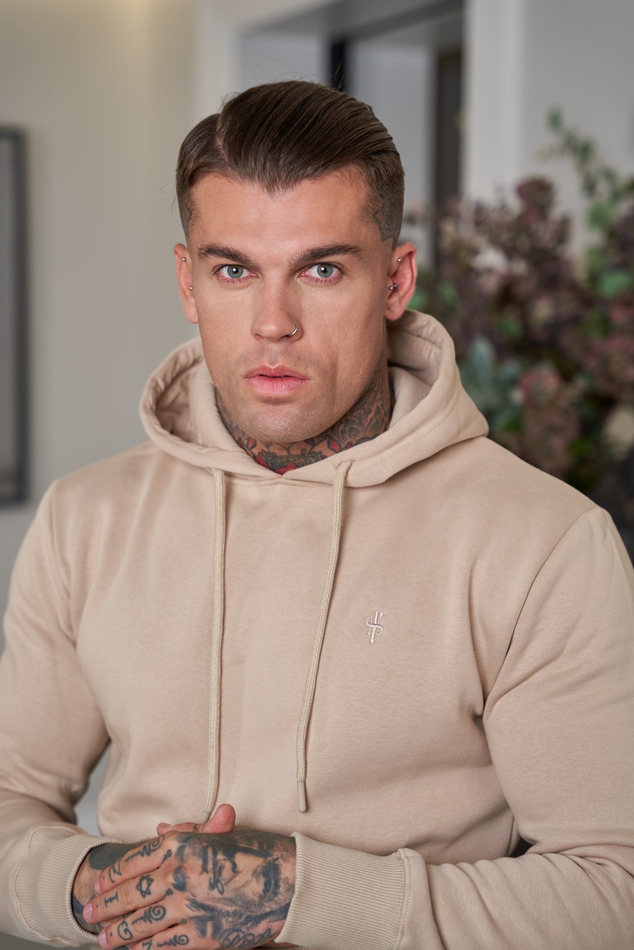 Beige Kangaroo Hoodie Top with FS Embroidery - FSH695