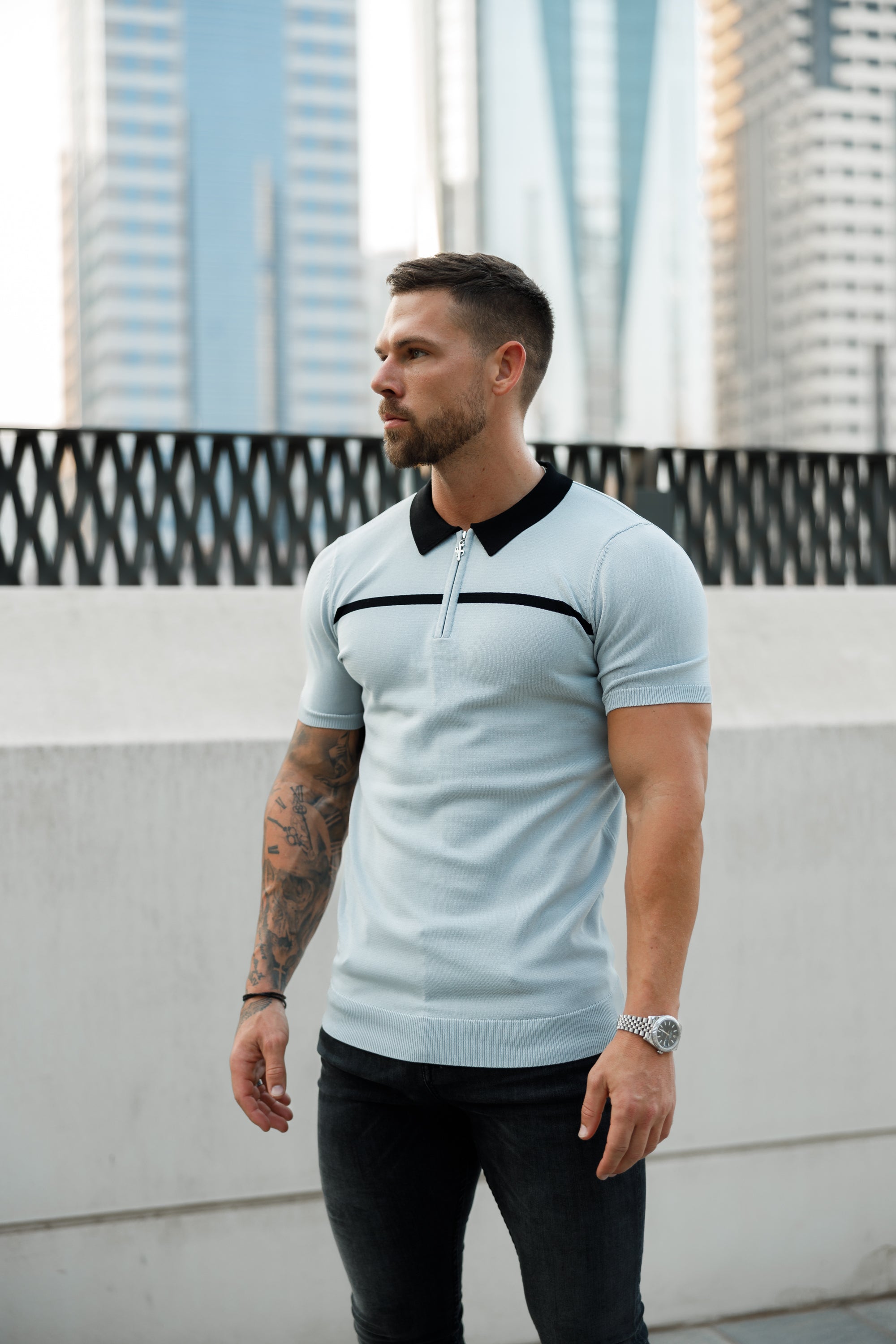 Classic Silver Grey / Black Horizontal Stripe Zipped Polo Short Sleeve - FSN040
