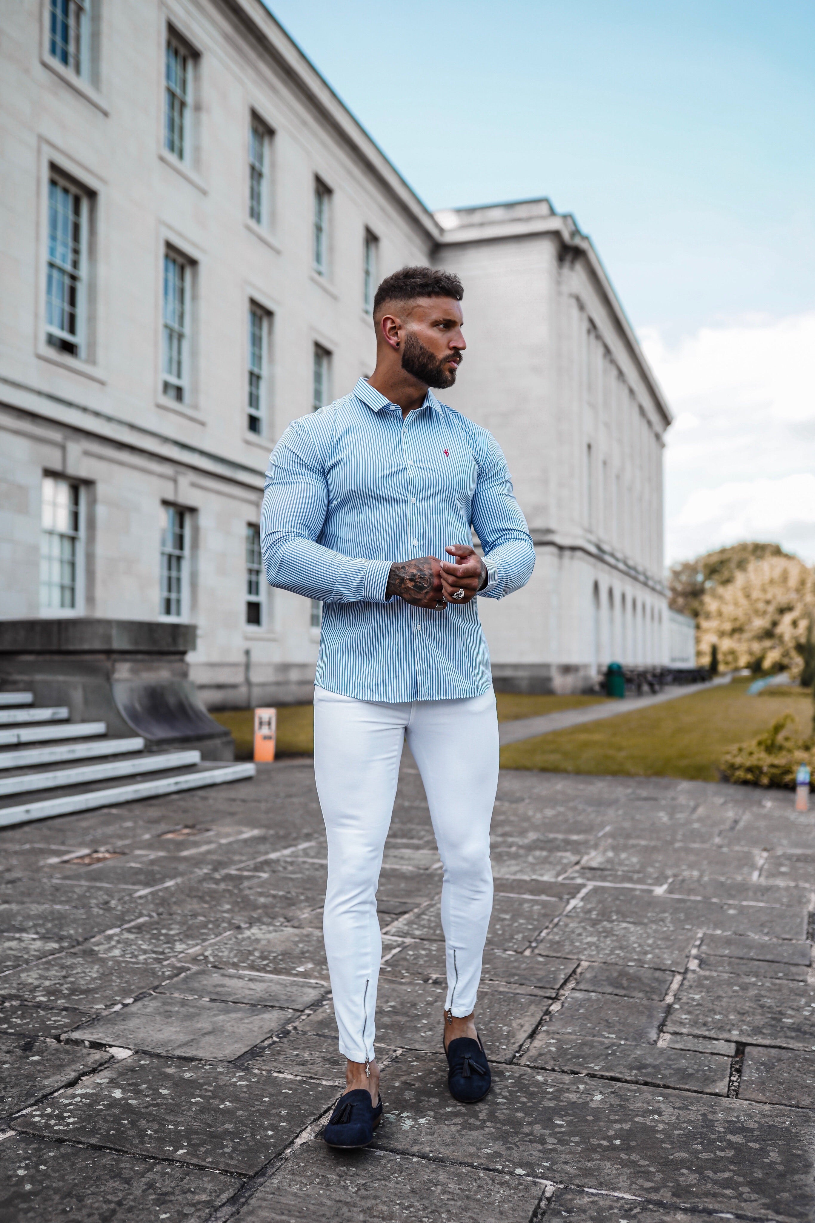 Super Slim Stretch White & Navy Stripe (Red Emblem) - FS513