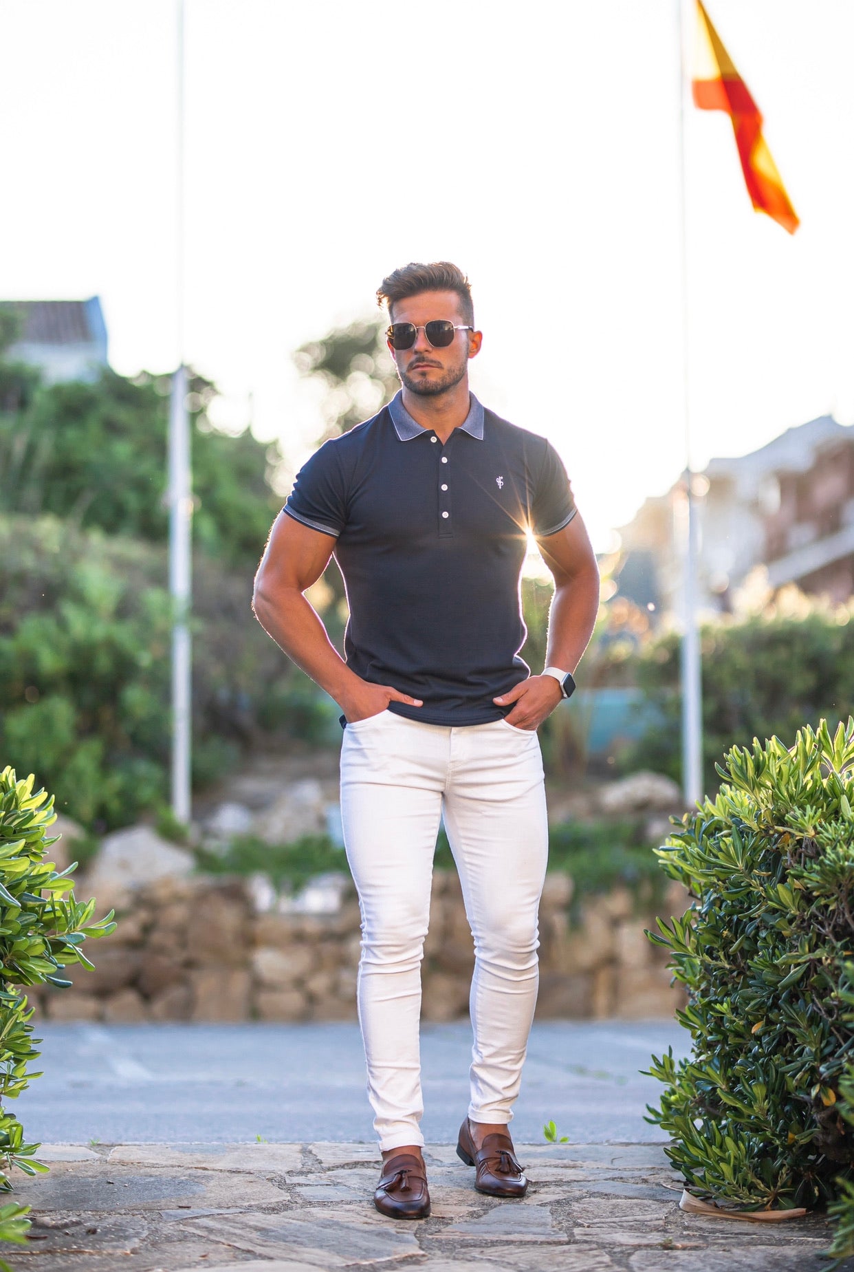 Classic Navy Pima Polo Shirt with Contrast Collar Short Sleeve - FSH397