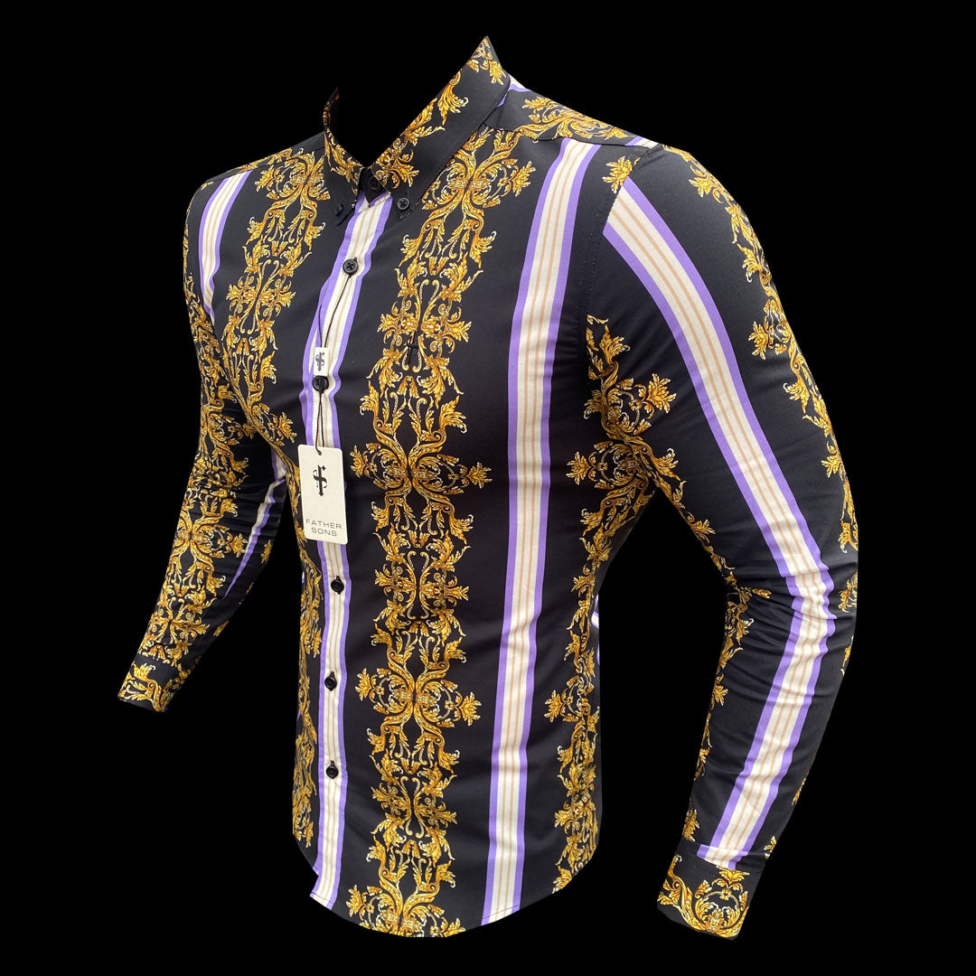 Super Slim Stretch Black / Gold / Purple Stripe Print Long Sleeve with Button Down Collar - FS810