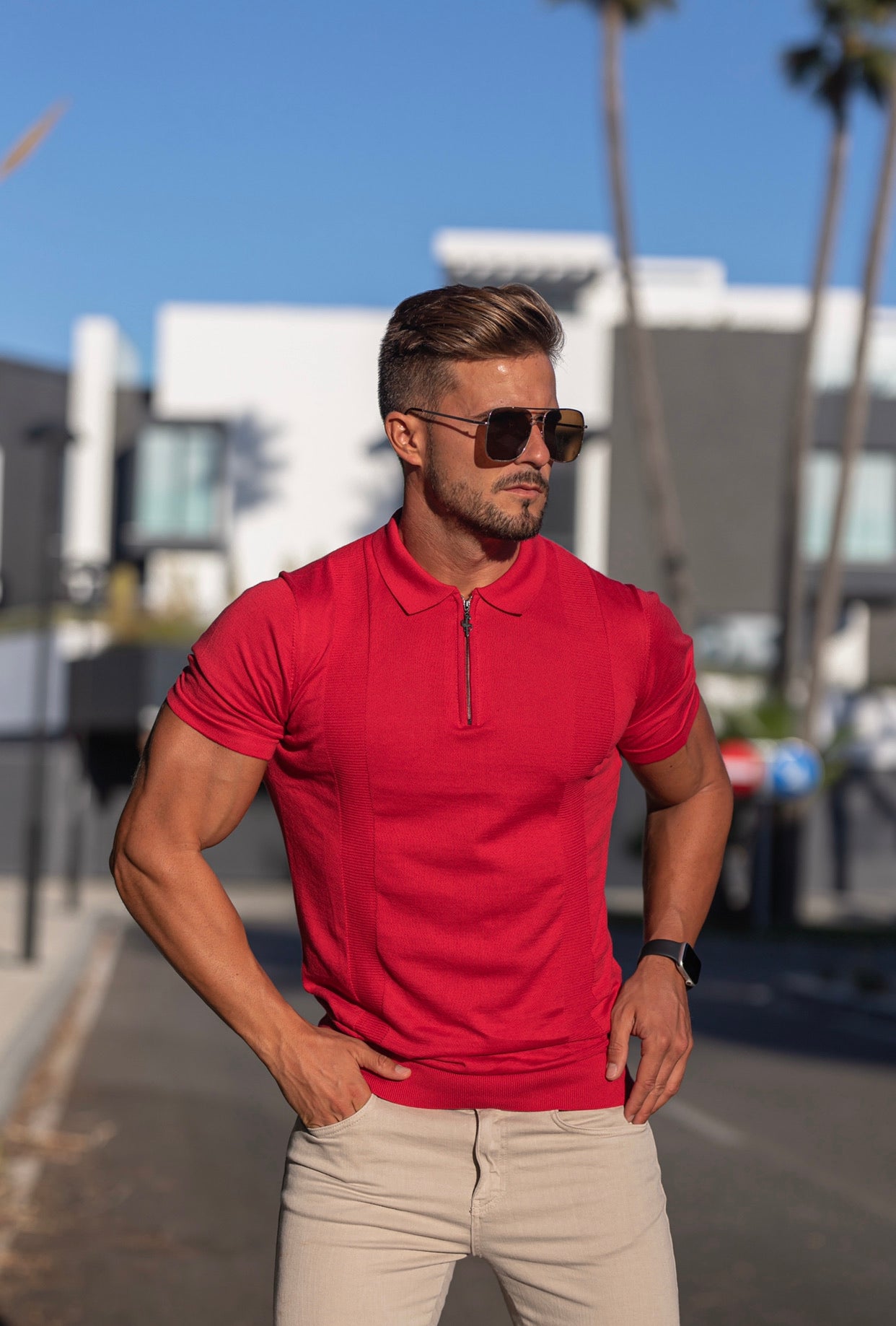 Classic Red and Black Zip Knitted Short Sleeve Polo - FSH467