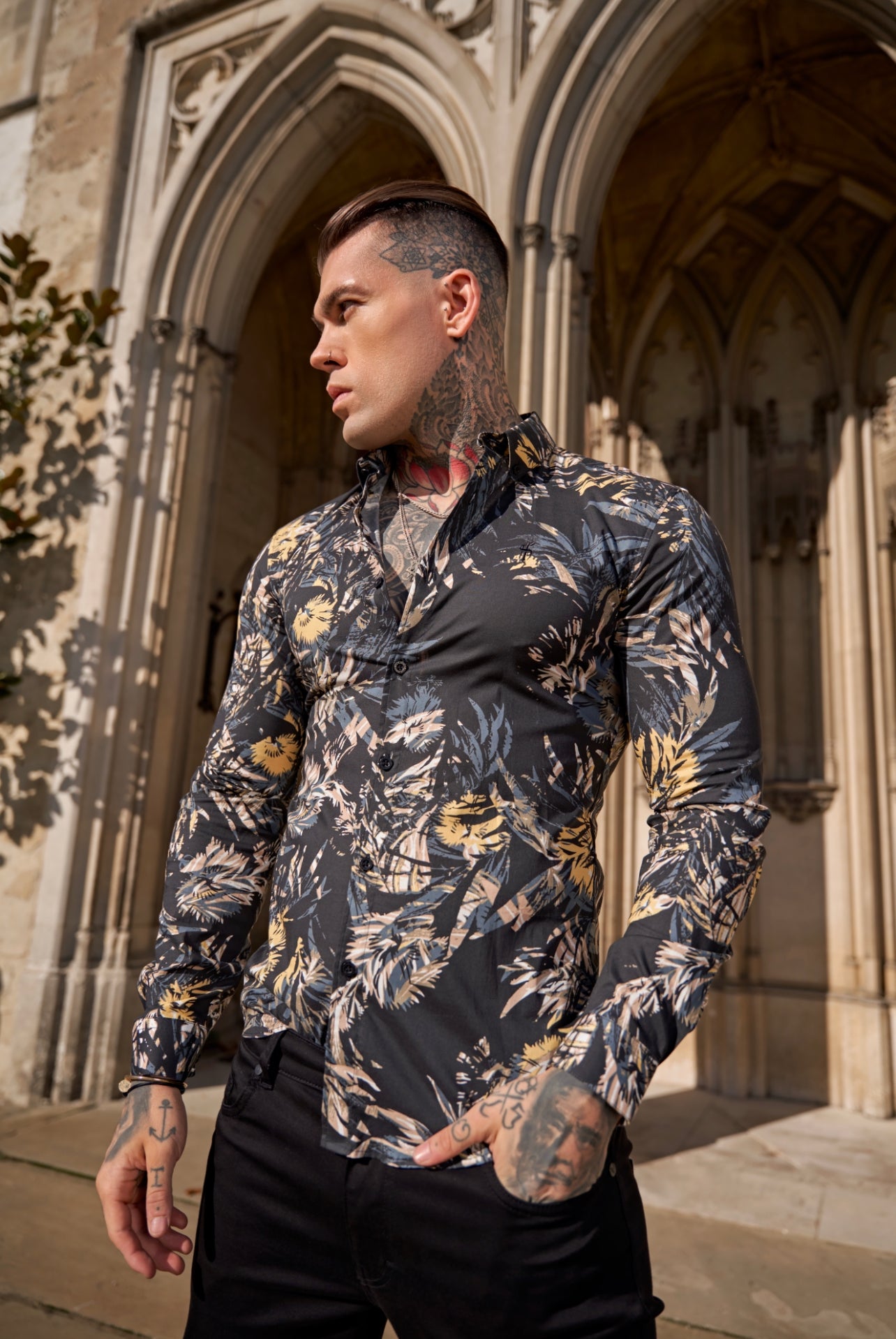 Super Slim Stretch Dark Jungle Print Long Sleeve with Button Down Collar - FS906