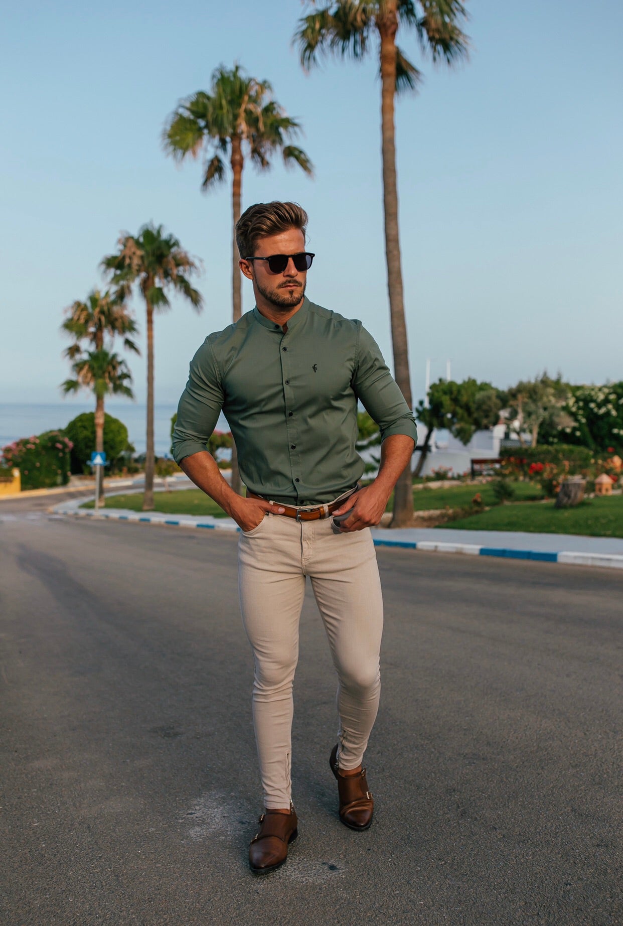 Super Slim Stretch Classic Khaki Grandad Collar - FS296