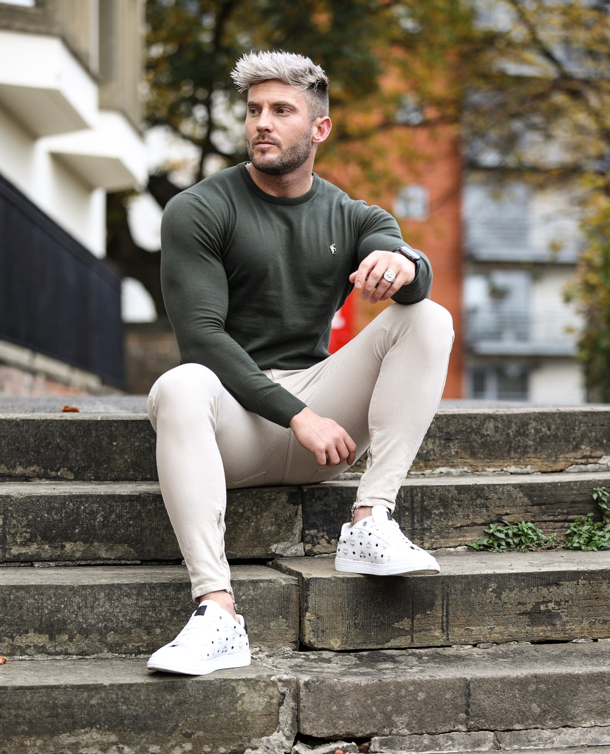 Classic Khaki Crew Neck Knitted Jumper with Gunmetal Emblem - FSH671