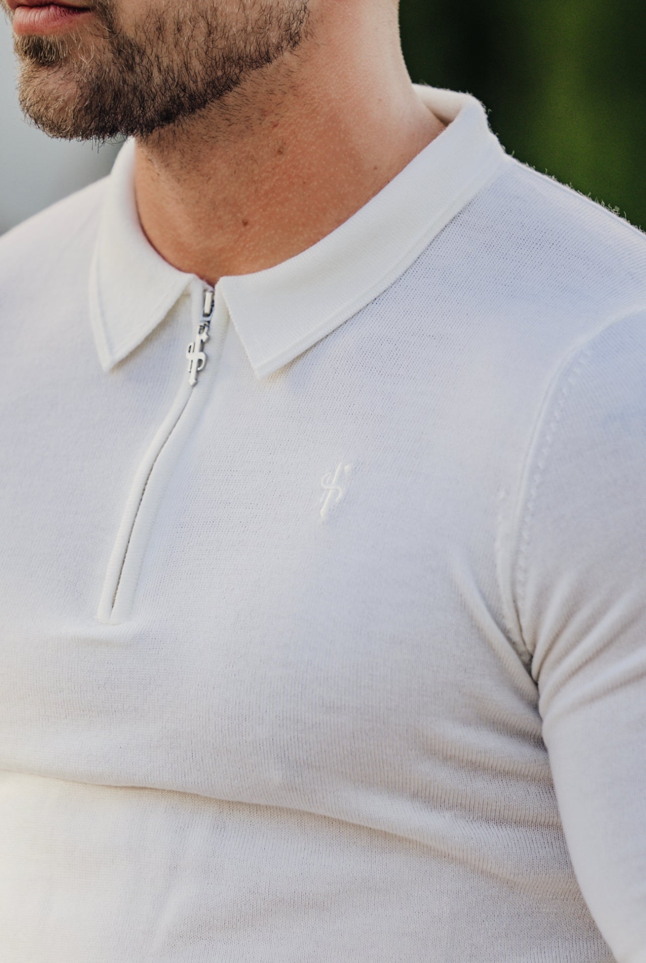 Classic White Merino Wool Knitted Zip Polo Long Sleeve Jumper With FS Embroidery- FSN019