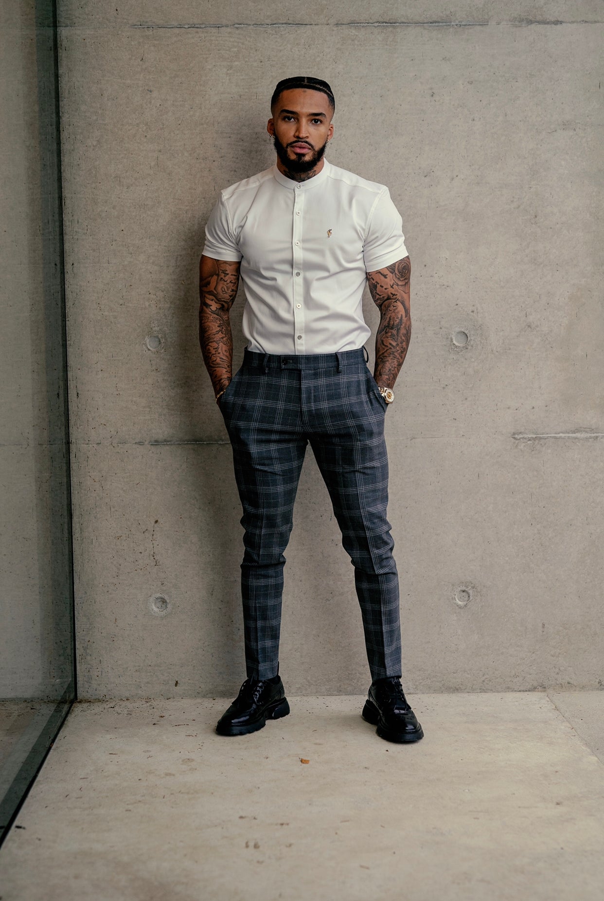 Super Slim Stretch White Denim Short Sleeve Grandad collar with Silver Metal Buttons and Decal Emblem - FS762