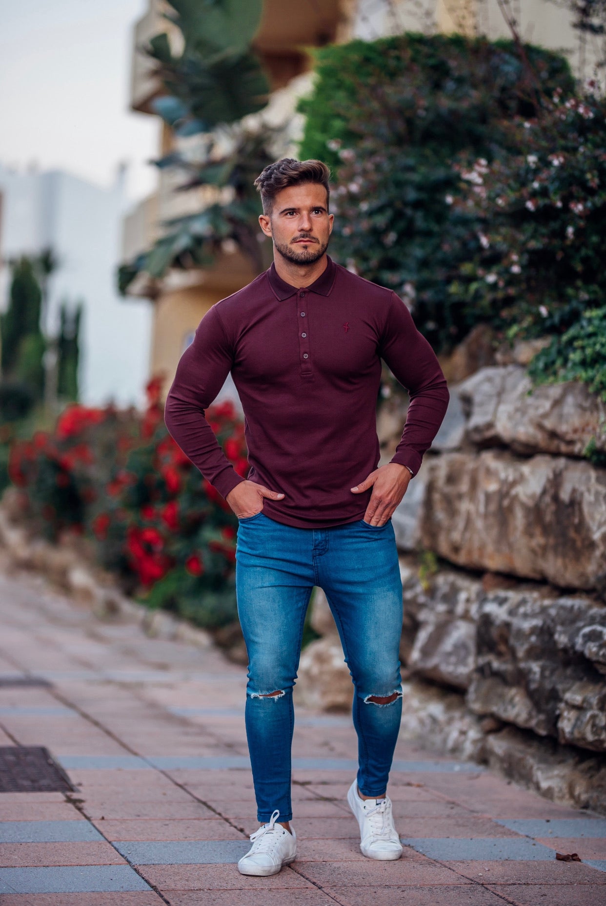 Classic Burgundy Pima Polo Shirt with Contrast Collar Long Sleeve - FSH431 (LAST CHANCE)
