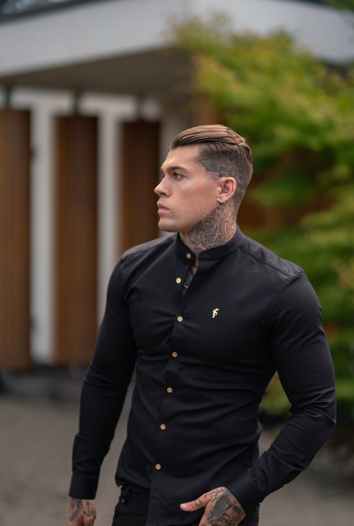 Super Slim Stretch Black Denim Long Sleeve Grandad collar with Metal Buttons and Decal Emblem - FS707