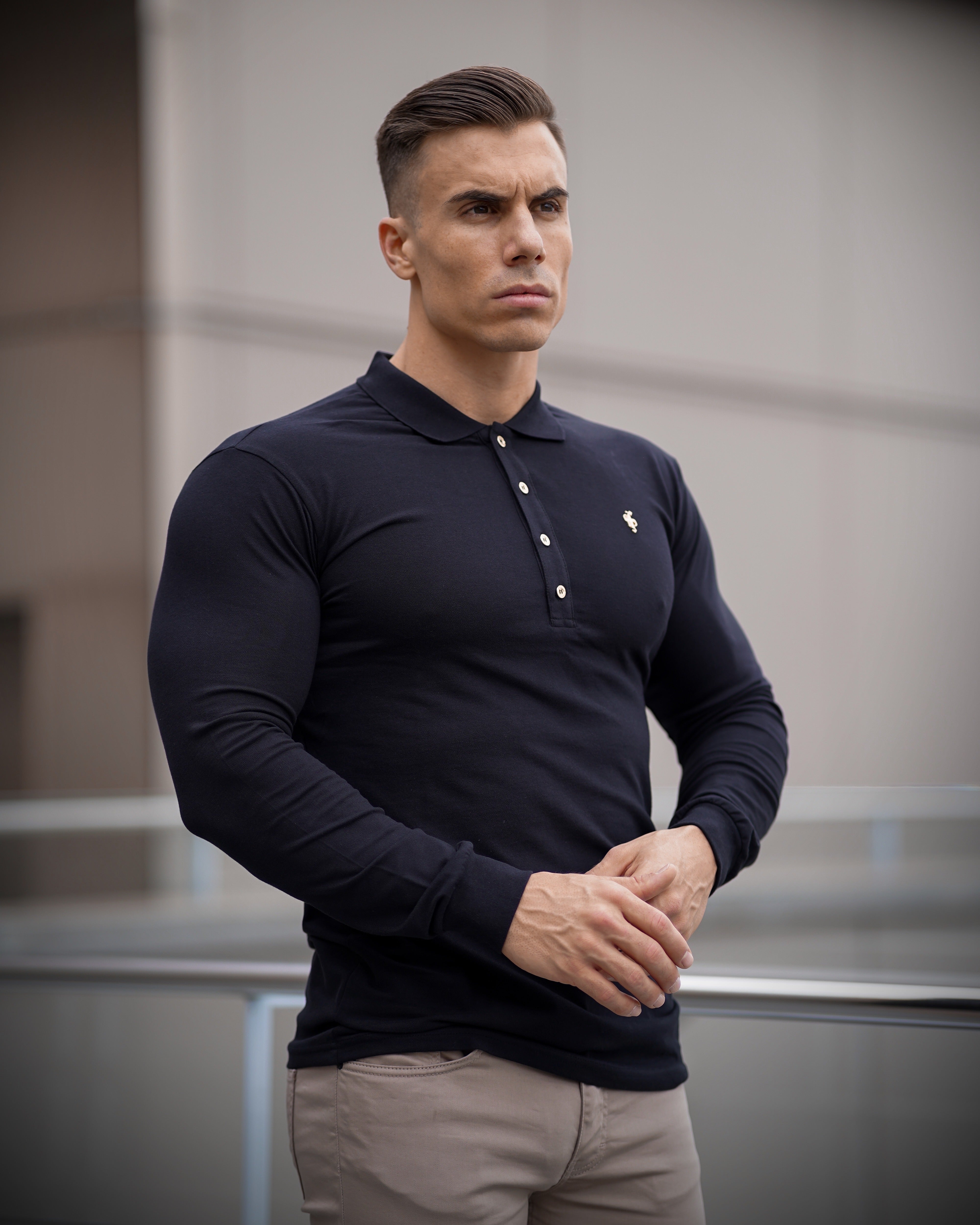 Classic Black Long Sleeve Polo Shirt with Gold Metal Emblem Decal & Buttons - FSH514