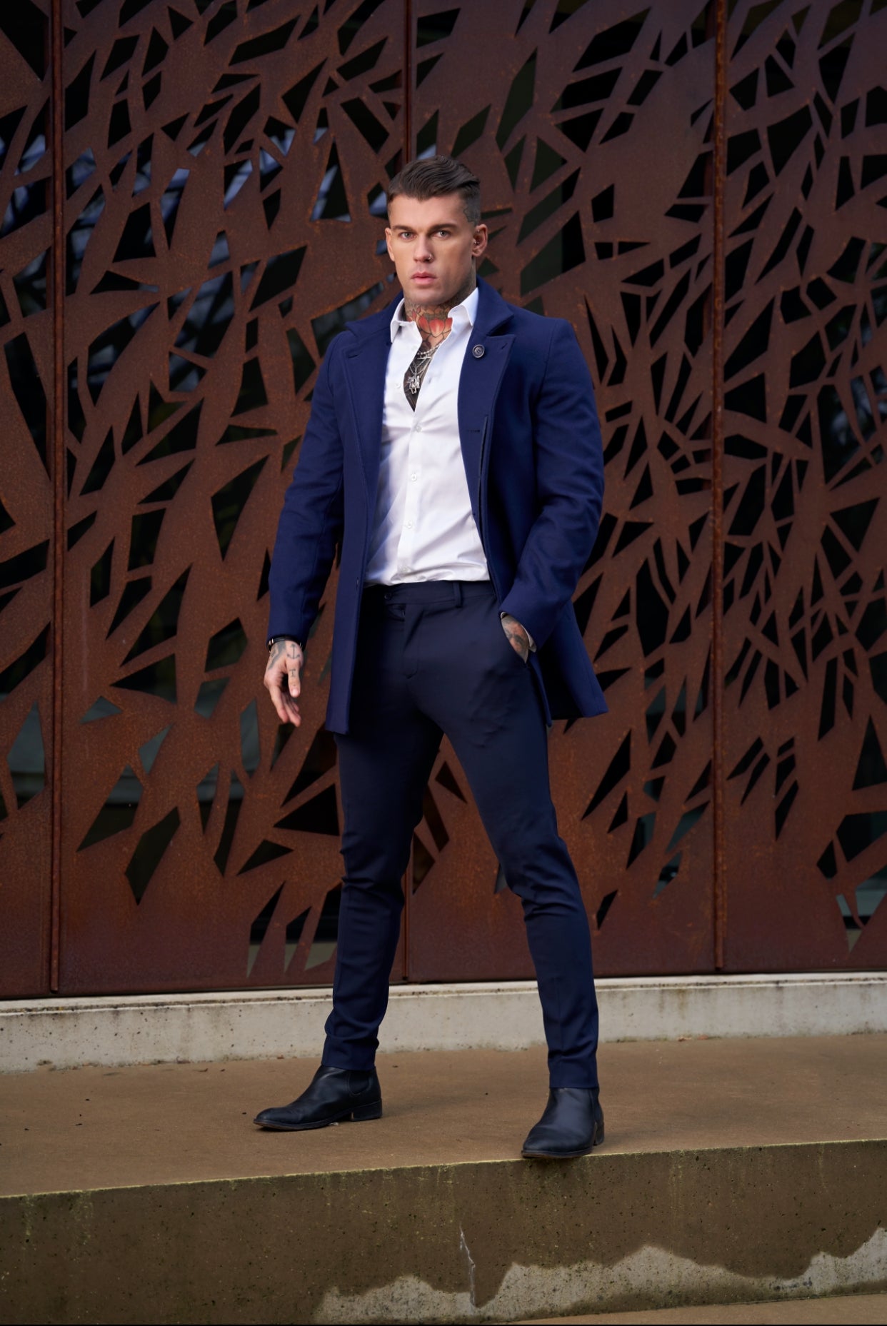 Slim Cashmere Funnel Neck Coat Navy - FSCOAT003