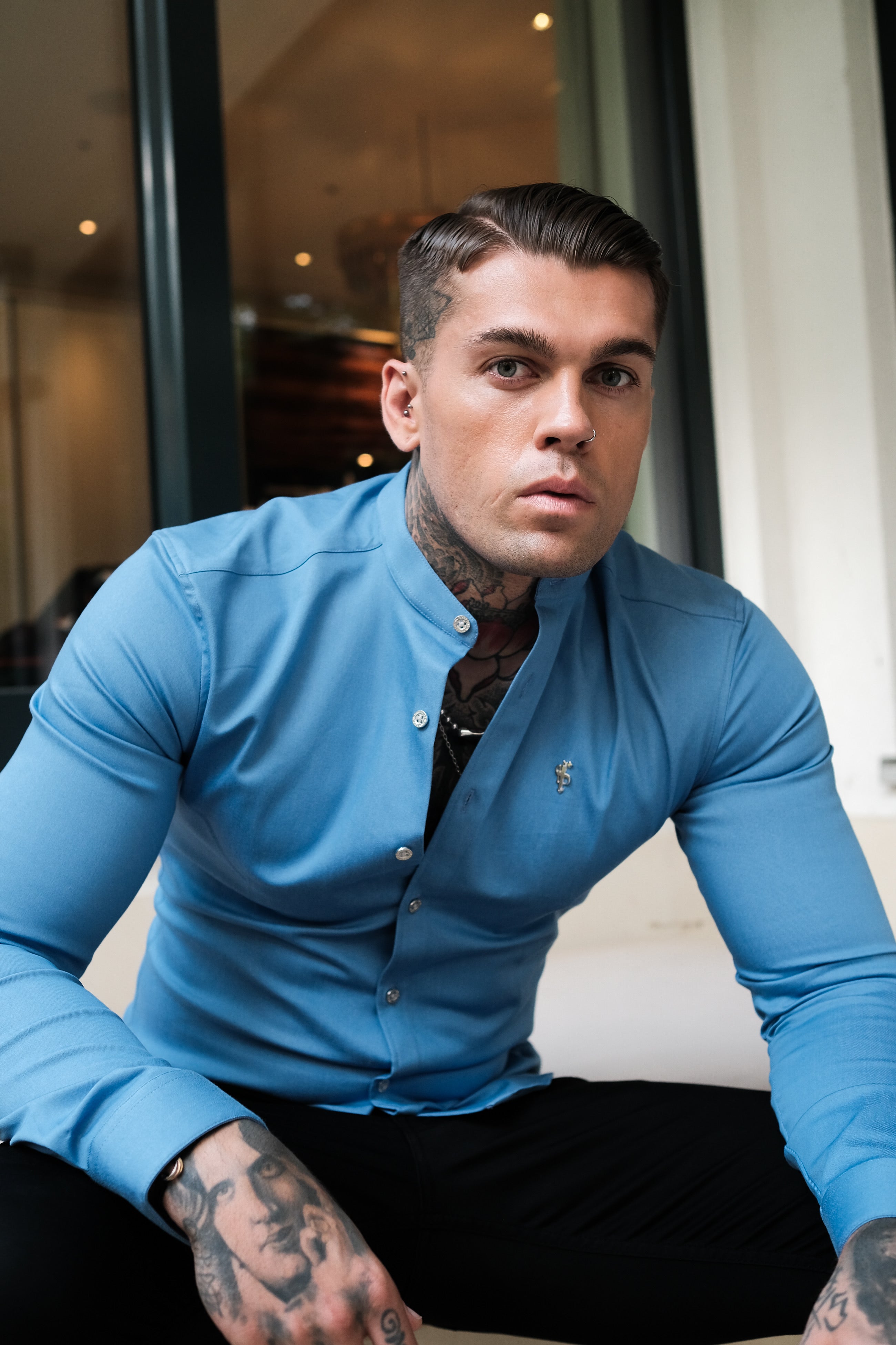 Super Slim Stretch Light Blue Denim Long Sleeve Grandad collar with Metal Buttons and Decal Emblem - FS717