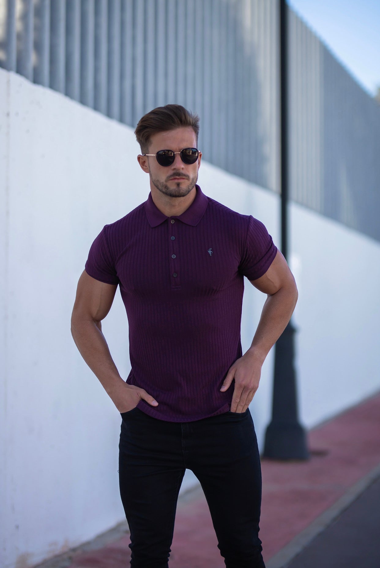 Classic Plum Ribbed Polo Shirt Short Sleeve with Black Metal Emblem Decal & Buttons- FSH585