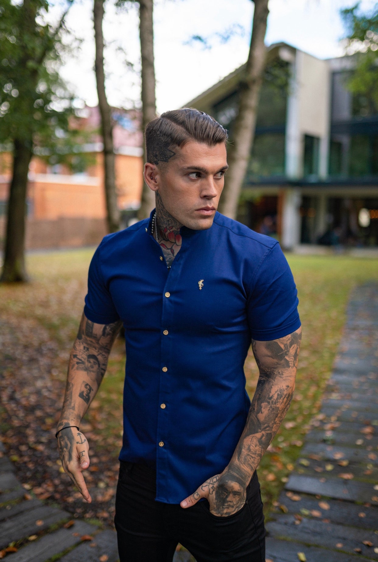 Super Slim Stretch Navy Denim Short Sleeve Grandad collar with Metal Buttons and Decal Emblem - FS714