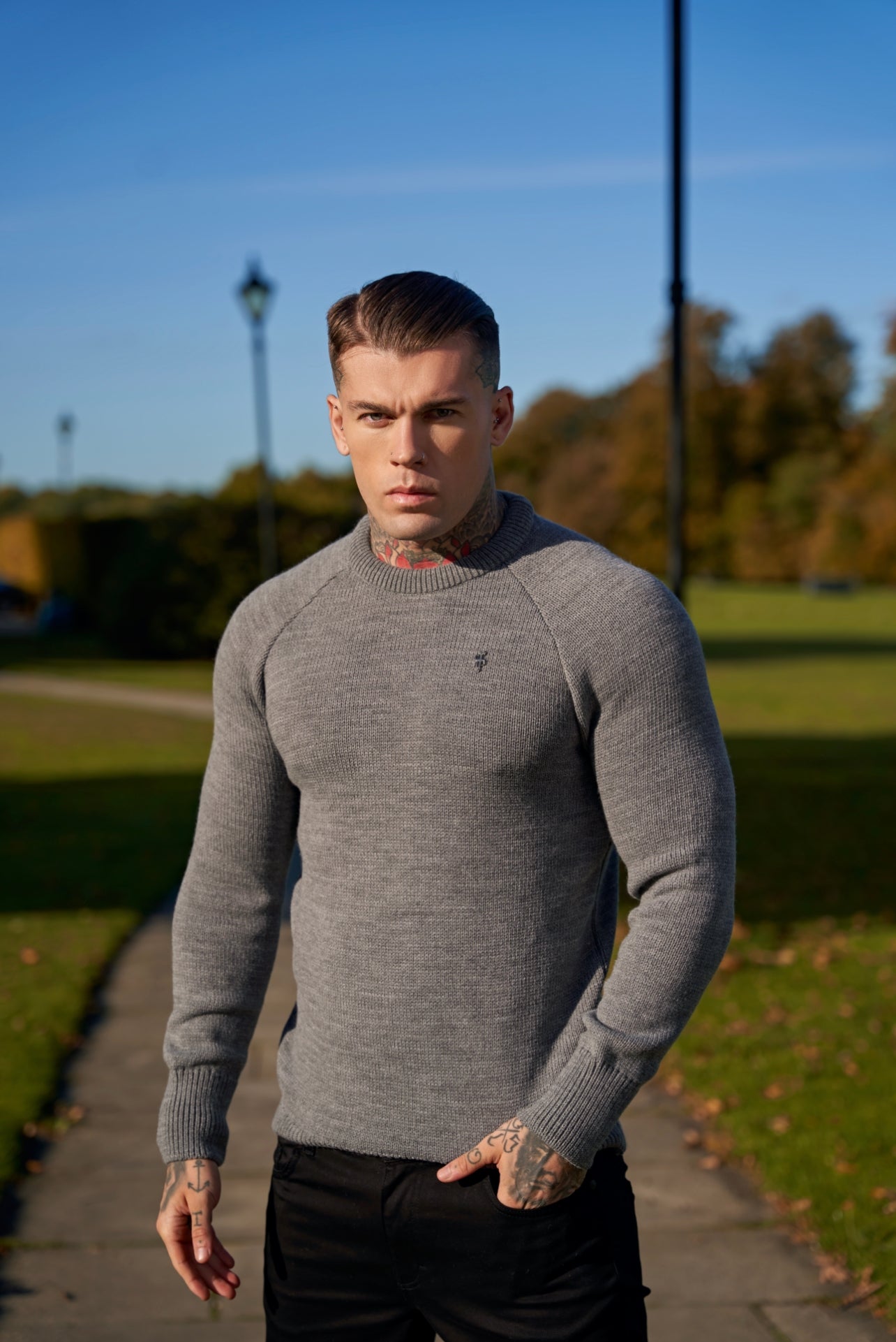 Grey Knitted Raglan Crew Super Slim Jumper With Metal Decal - FSJ054