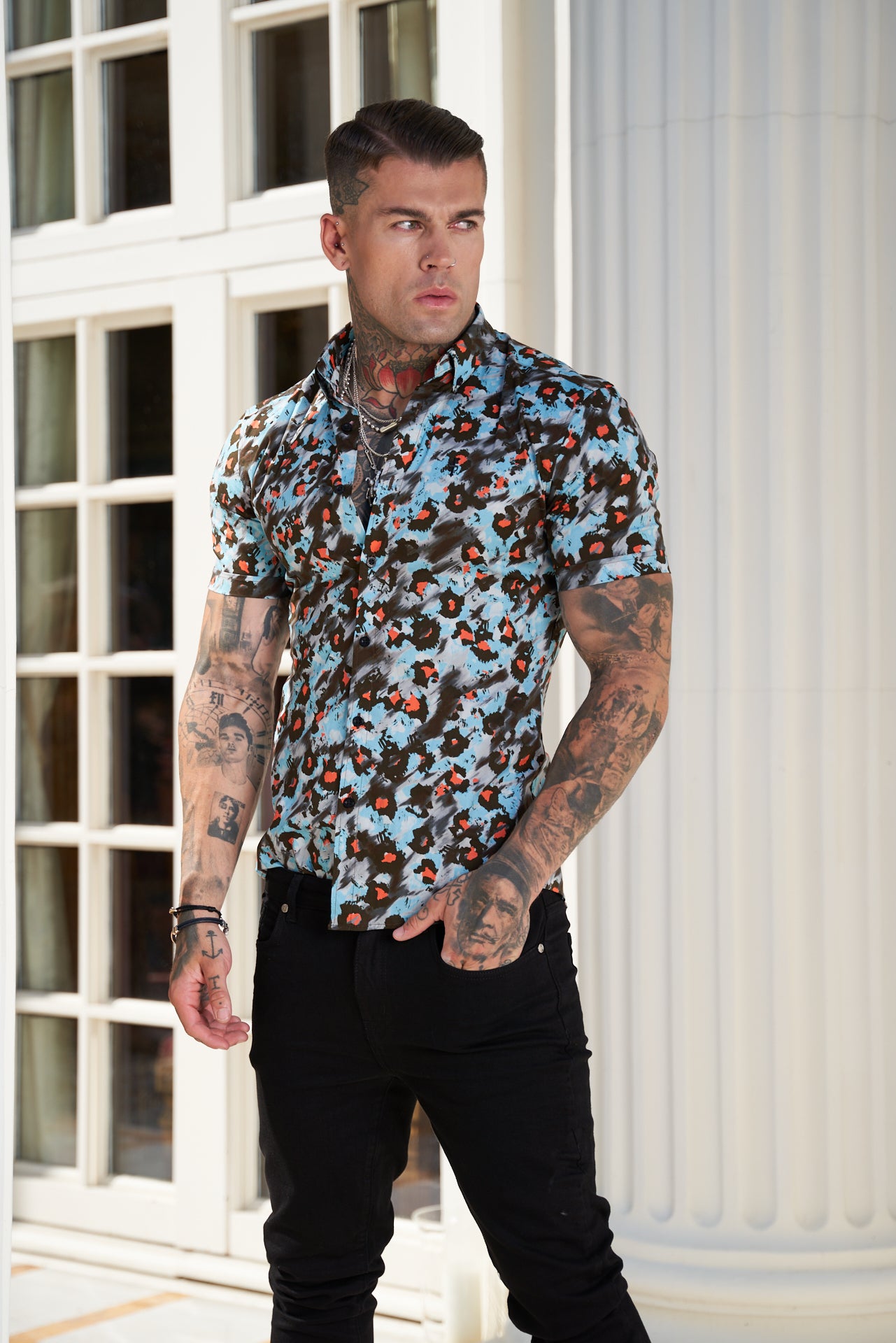 Super Slim Stretch Multi Colour Abstract Leopard Print Short Sleeve with Button Down Collar - FS790