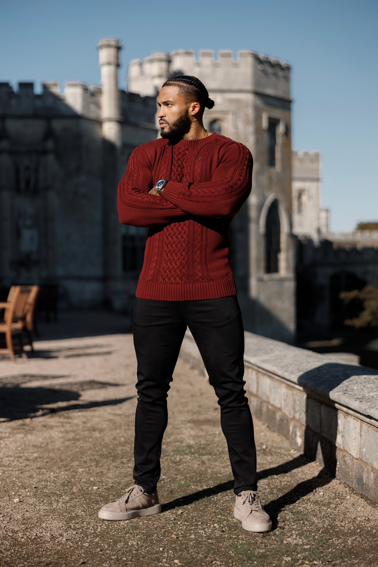 Burgundy Knitted Cable Saddle Crew Super Slim Jumper With Metal Decal - FSN079
