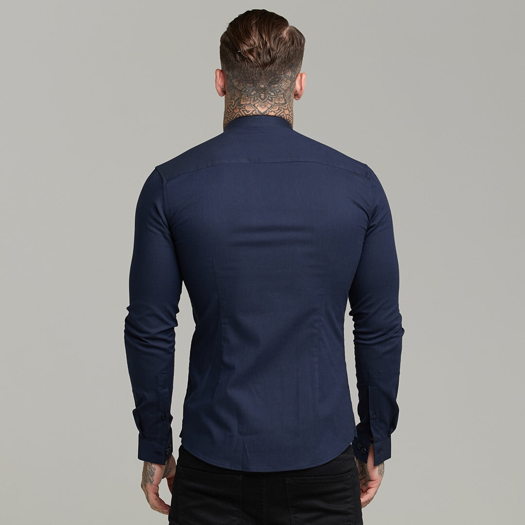 Super Slim Stretch Grandad Collar Classic Navy Oxford Long Sleeve - FS583