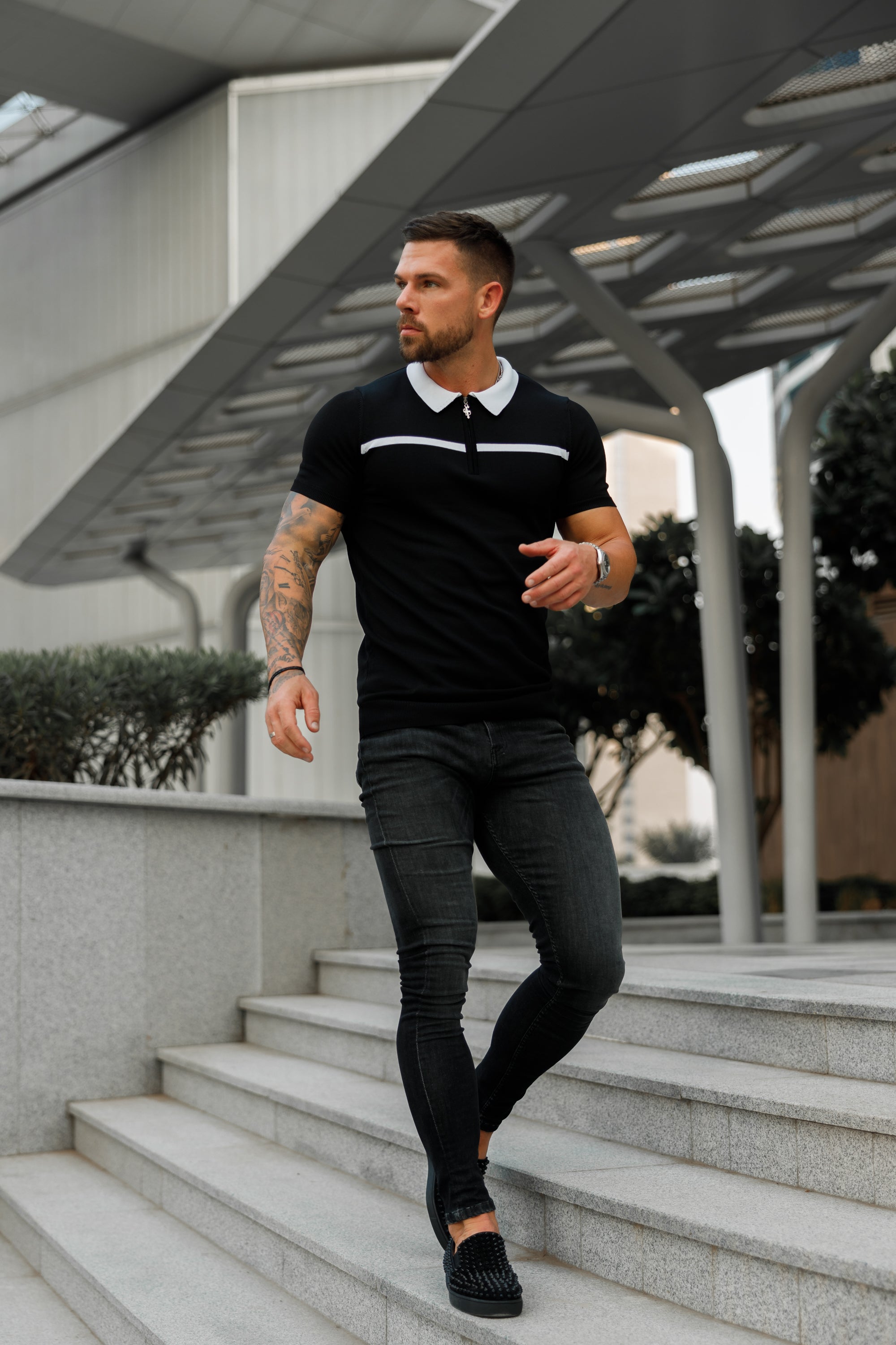 Classic Black / White Horizontal Stripe Zipped Polo Short Sleeve - FSN038
