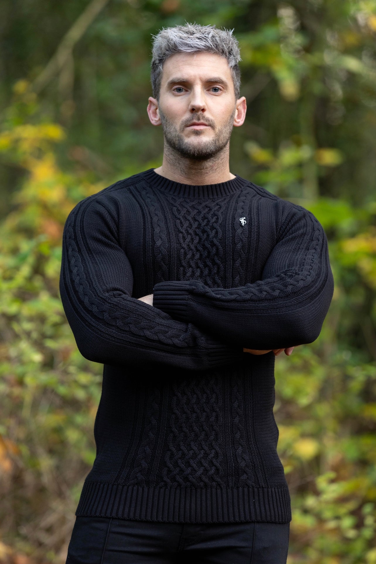 Black Knitted Cable Saddle Crew Super Slim Jumper With Metal Decal - FSN073